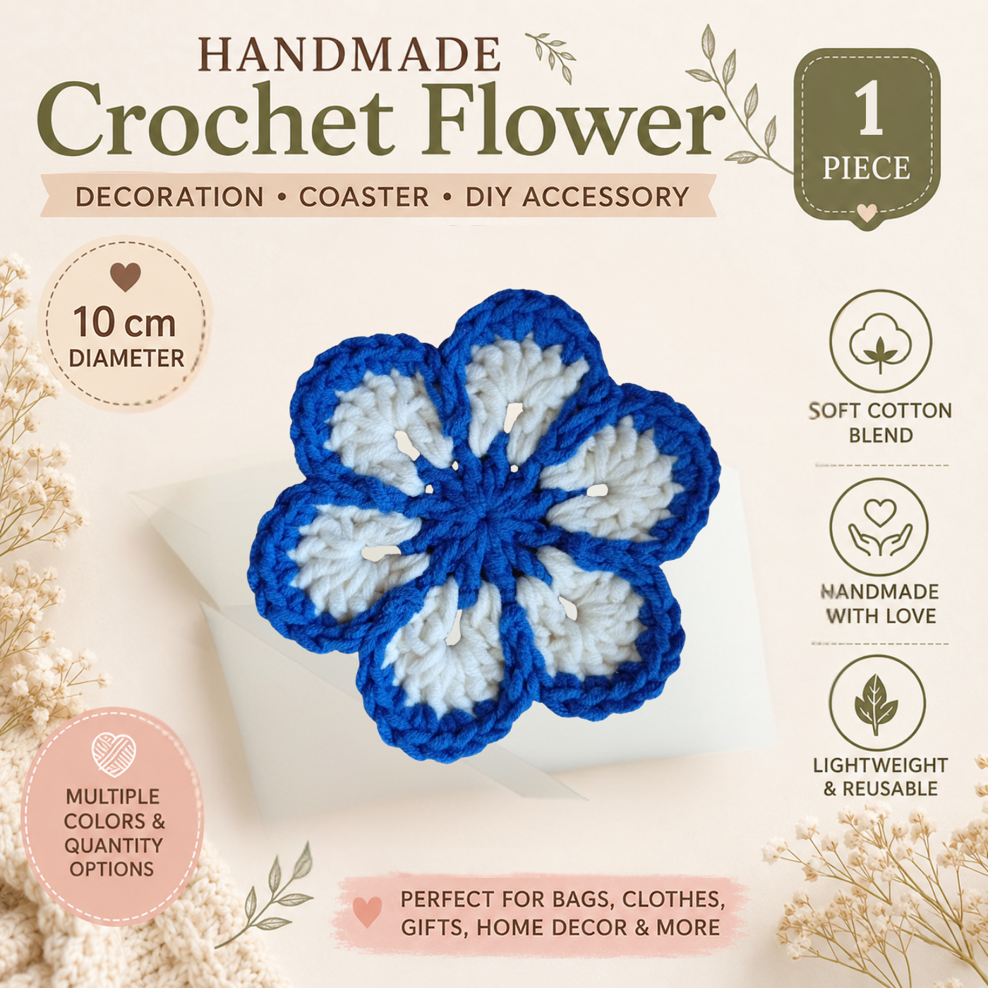 Sky Blue & White Crochet Flower Applique – Handmade Floral Embellishment (10cm)