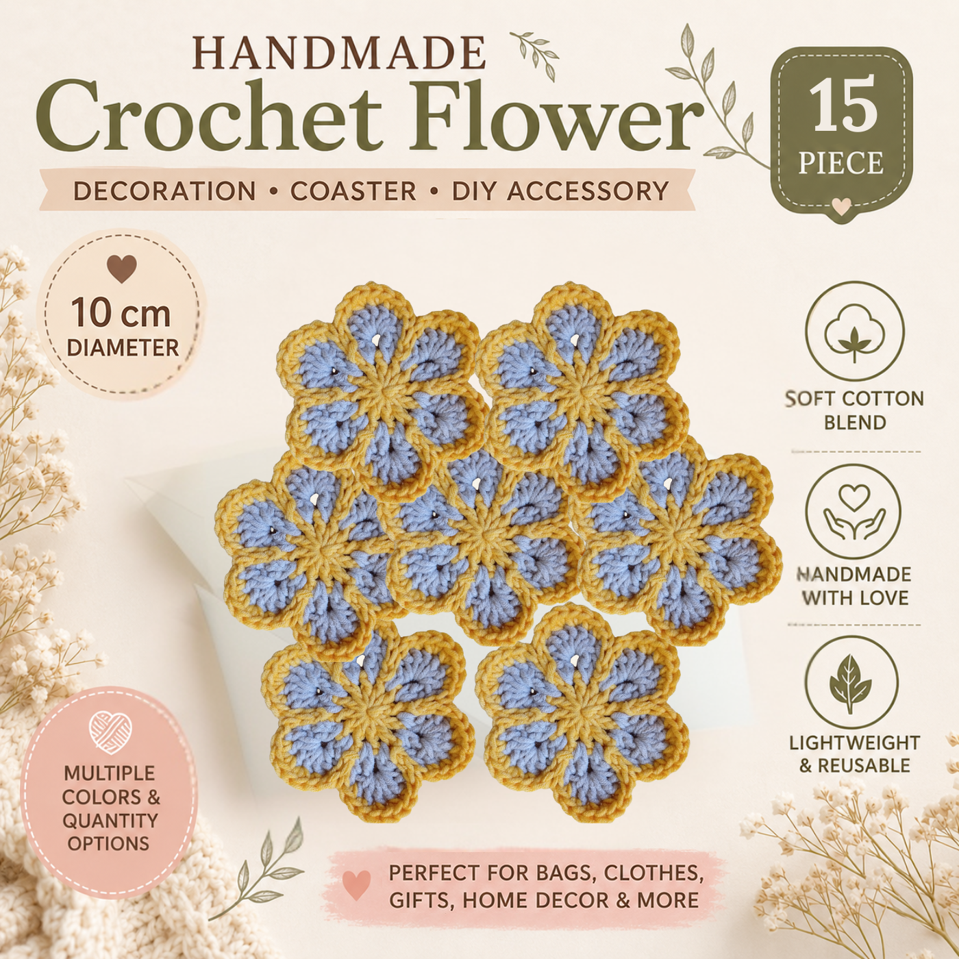 Yellow & Beige Crochet Flower Applique – Handmade Floral Embellishment (10cm)