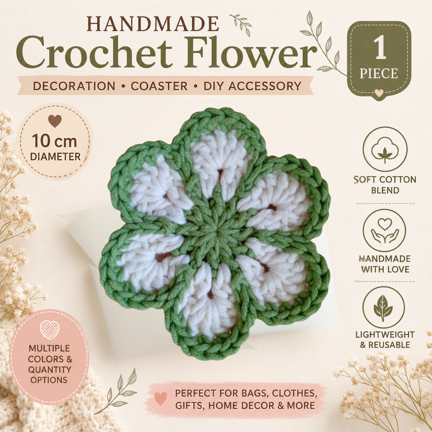 Sage Green & White Crochet Flower Applique – Handmade Floral Embellishment (10cm)