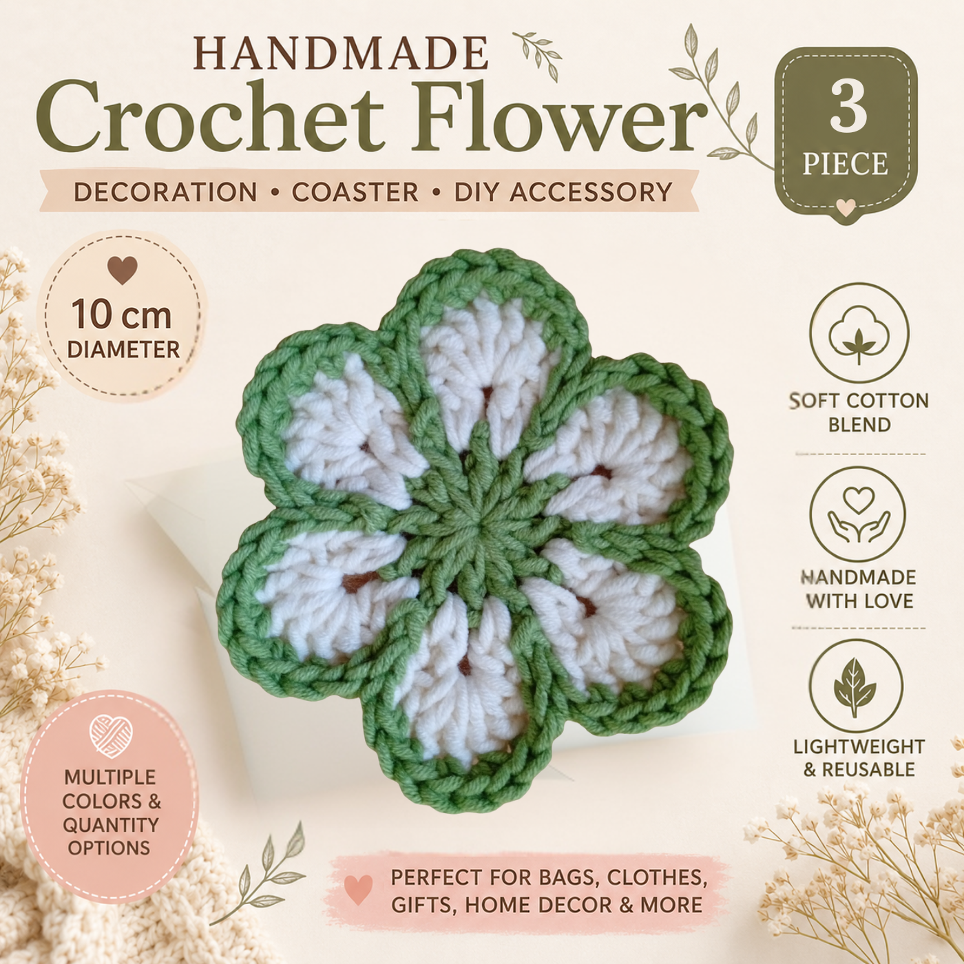 Sage Green & White Crochet Flower Applique – Handmade Floral Embellishment (10cm)