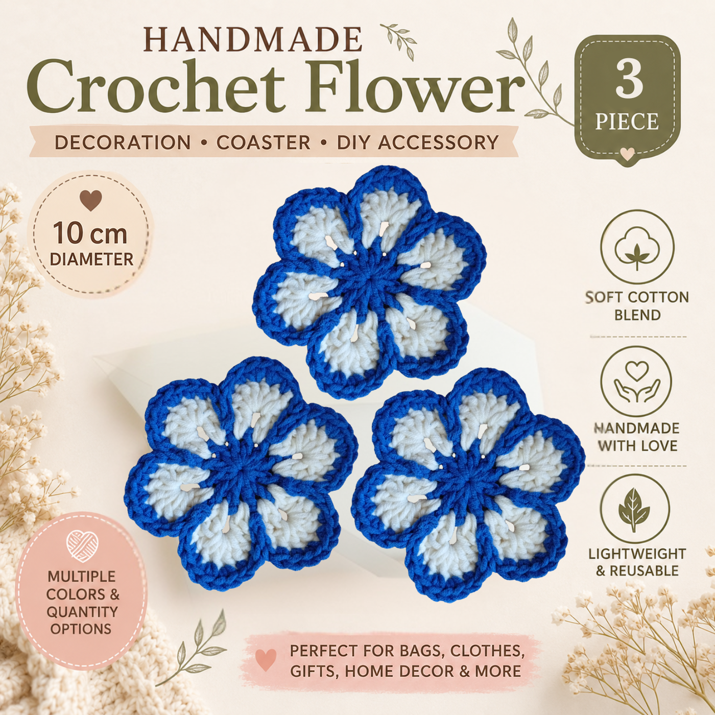 Sky Blue & White Crochet Flower Applique – Handmade Floral Embellishment (10cm)