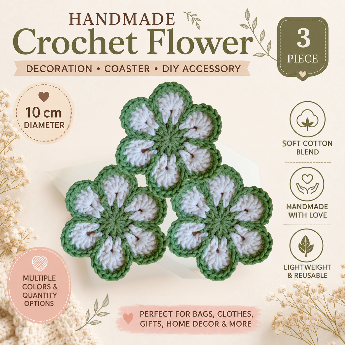 Sage Green & White Crochet Flower Applique – Handmade Floral Embellishment (10cm)
