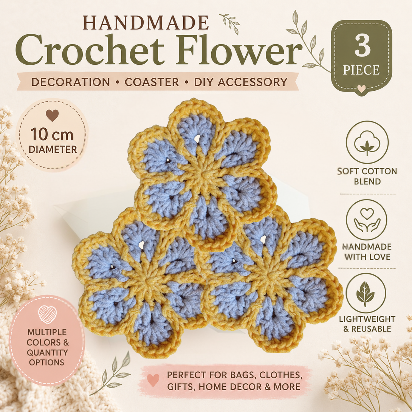 Yellow & Beige Crochet Flower Applique – Handmade Floral Embellishment (10cm)