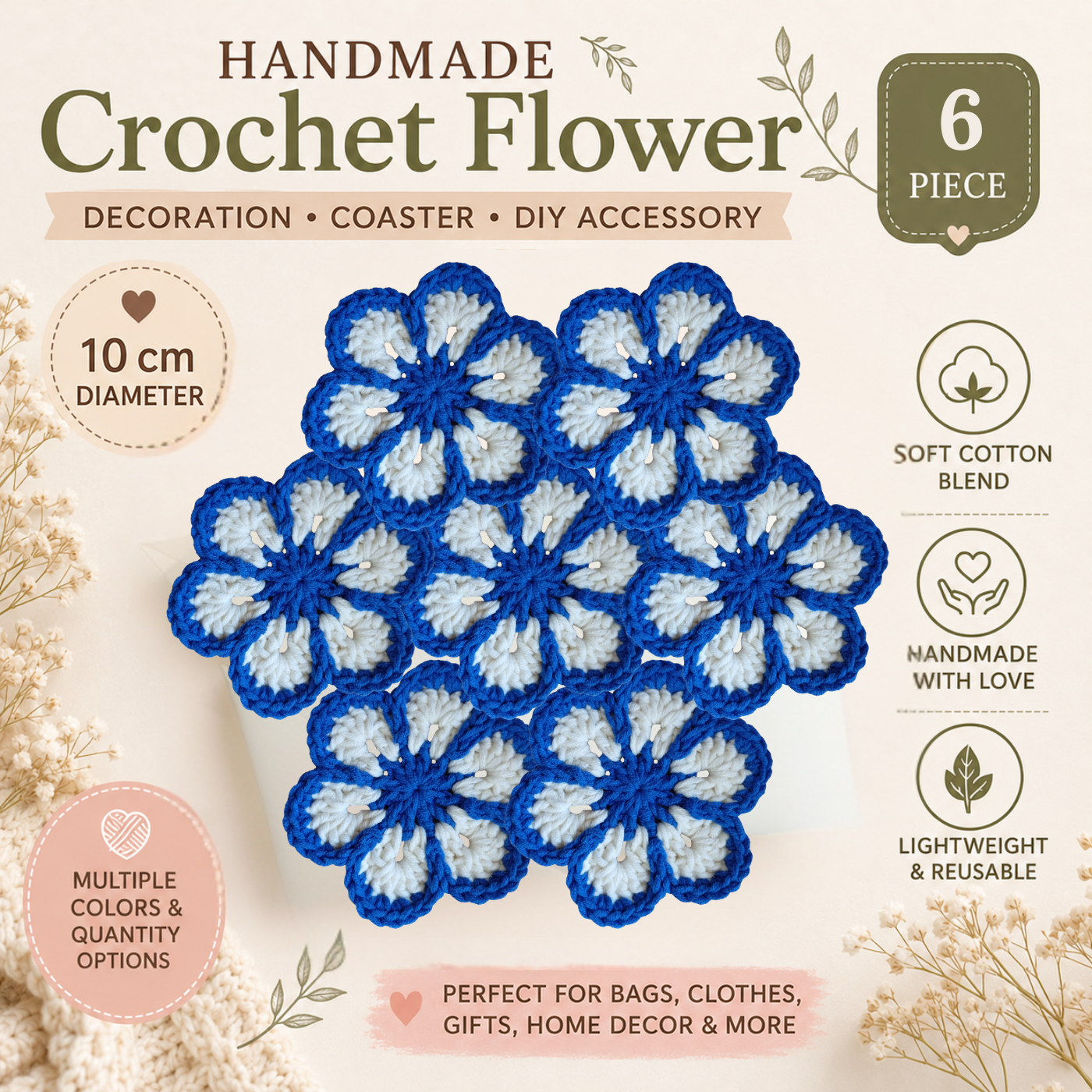 Sky Blue & White Crochet Flower Applique – Handmade Floral Embellishment (10cm)