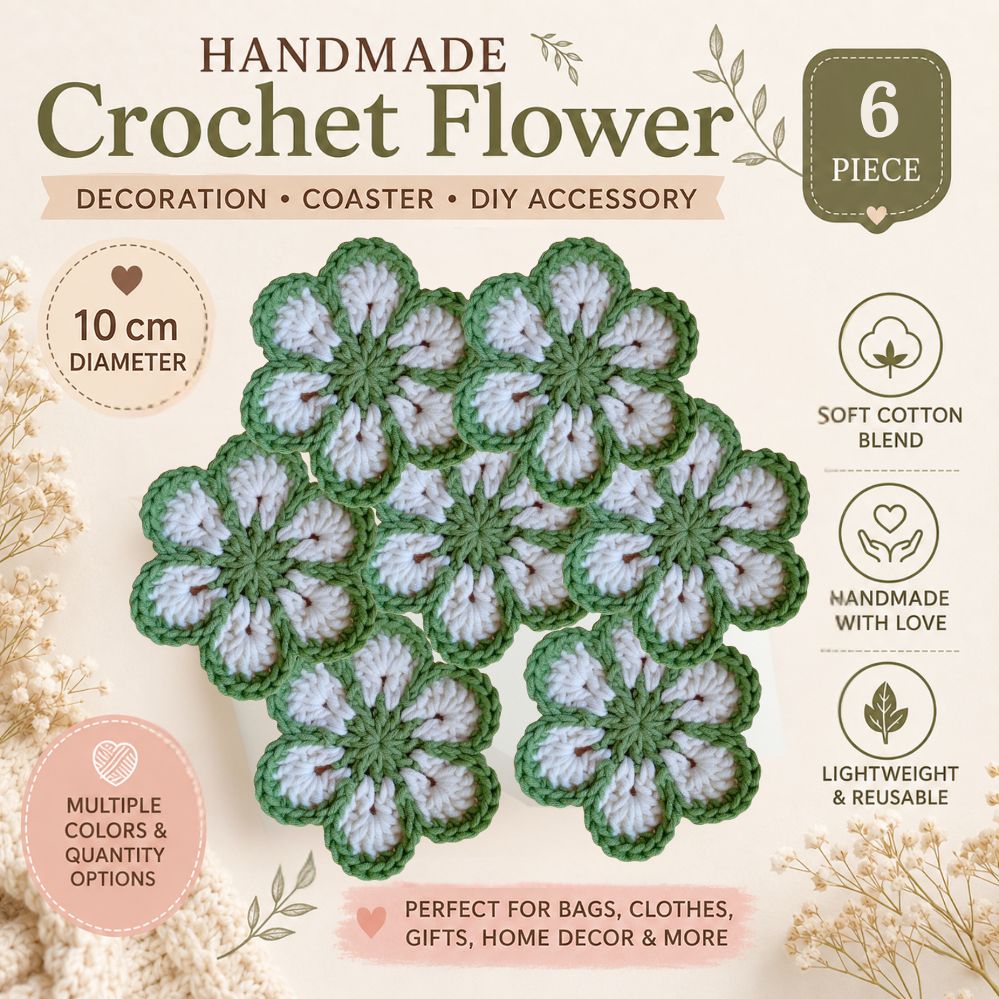 Sage Green & White Crochet Flower Applique – Handmade Floral Embellishment (10cm)