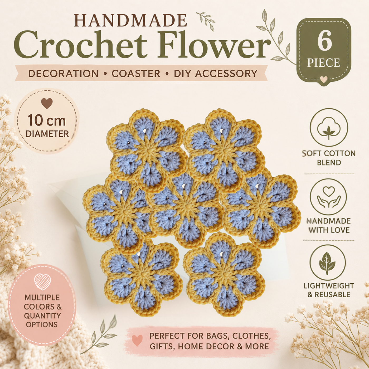 Yellow & Beige Crochet Flower Applique – Handmade Floral Embellishment (10cm)
