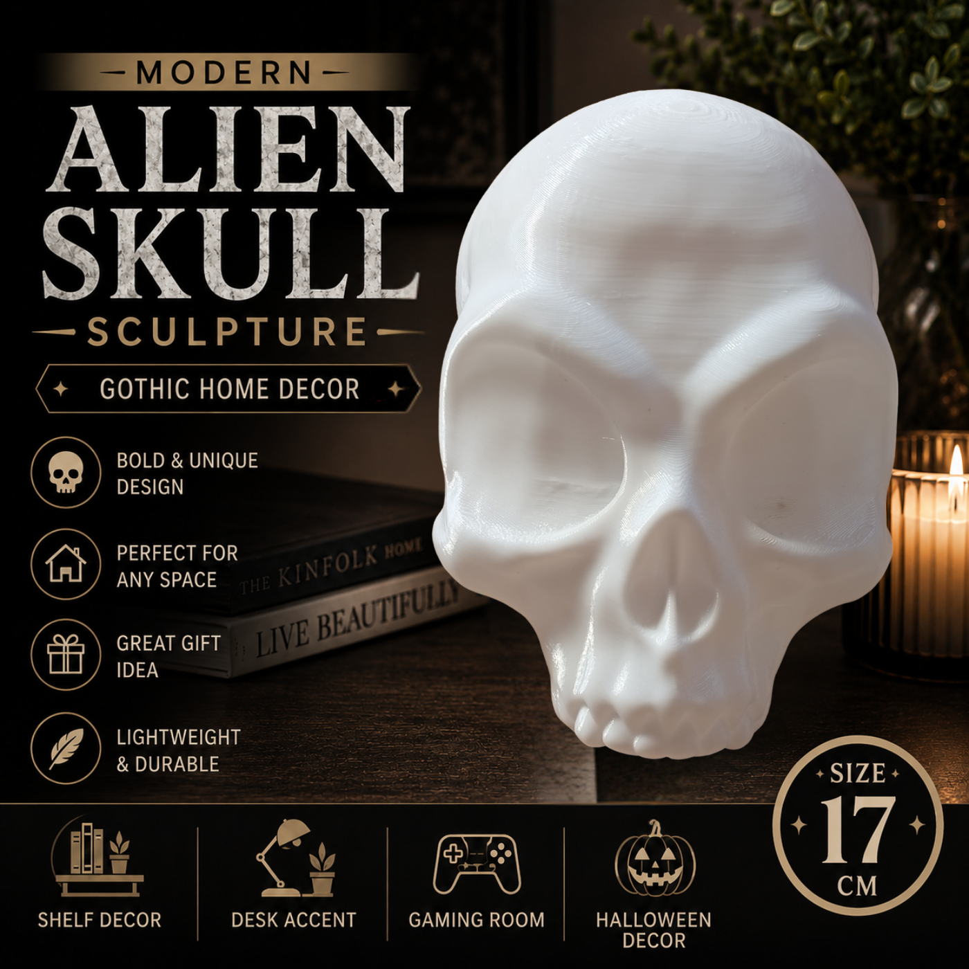 Alien Skull Sculpture – Modern Gothic Home Decor Statue,  (17cm)