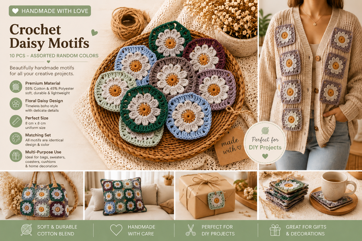 10PCS Handmade Crochet Daisy Granny Squares 8x8cm – Assorted Random Colors Floral Motifs, Cotton Blend Appliques for Bags, DIY Crafts