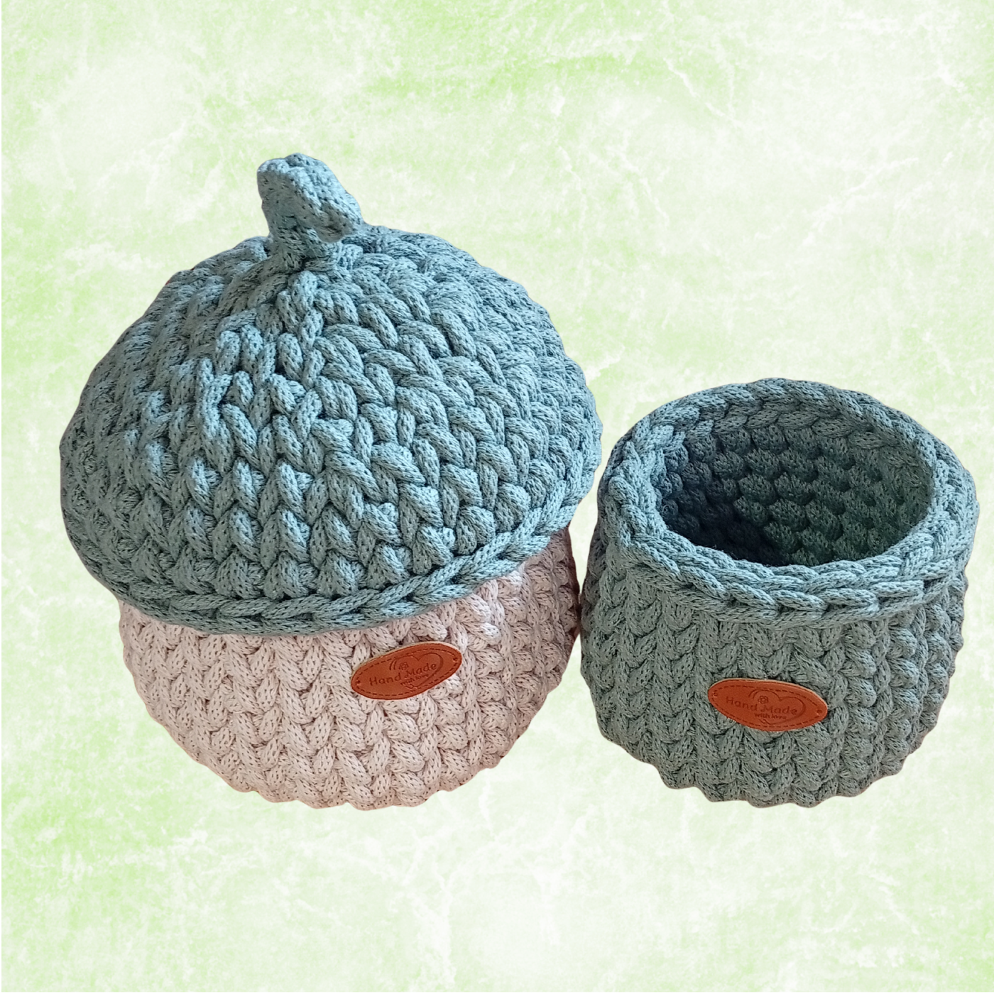 Sturdy Cotton Rope Basket with Lid, Handmade Crochet Acorn Storage Organizer