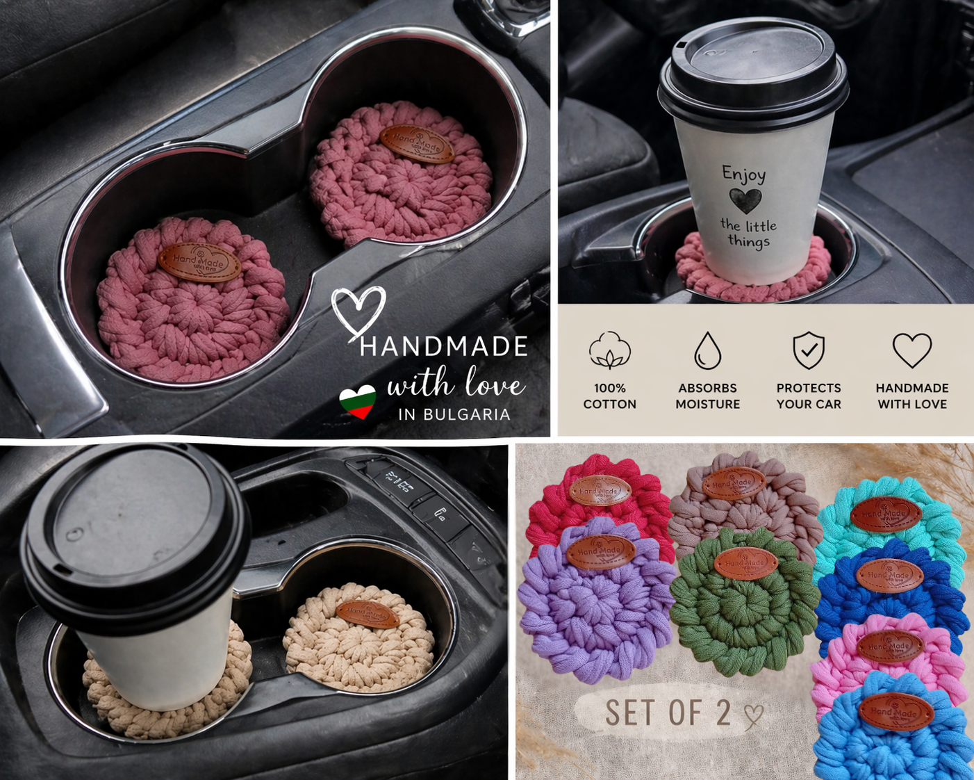 Handmade Crochet Car Coasters Set of 2 – Cotton Cup Holder Inserts 7.5cm, Absorbent Boho Car Accessories