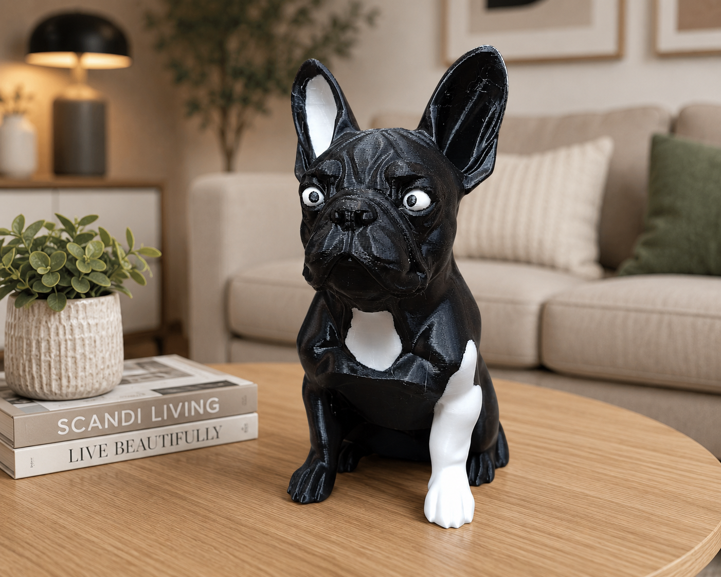French Bulldog Decorative Figurine – Black & White 3D Printed Dog Statue – Modern Home Decor Ornament for Shelf, Desk, Living Room & Office – 19cm