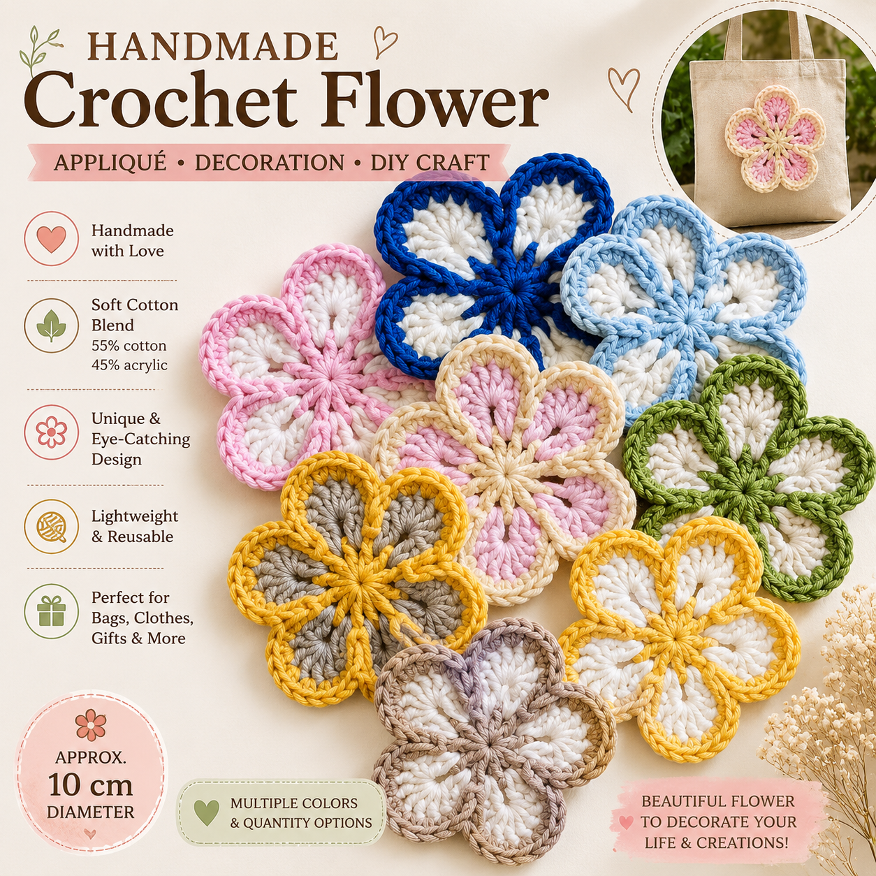 Sage Green & White Crochet Flower Applique – Handmade Floral Embellishment (10cm)