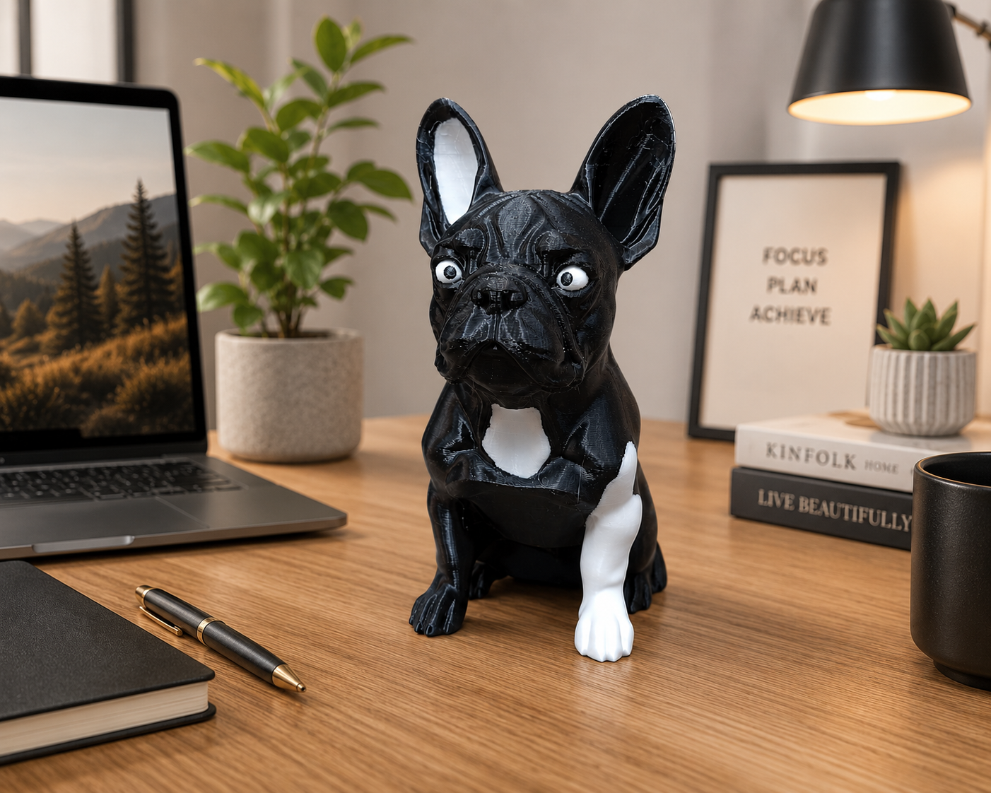 French Bulldog Decorative Figurine – Black & White 3D Printed Dog Statue – Modern Home Decor Ornament for Shelf, Desk, Living Room & Office – 19cm