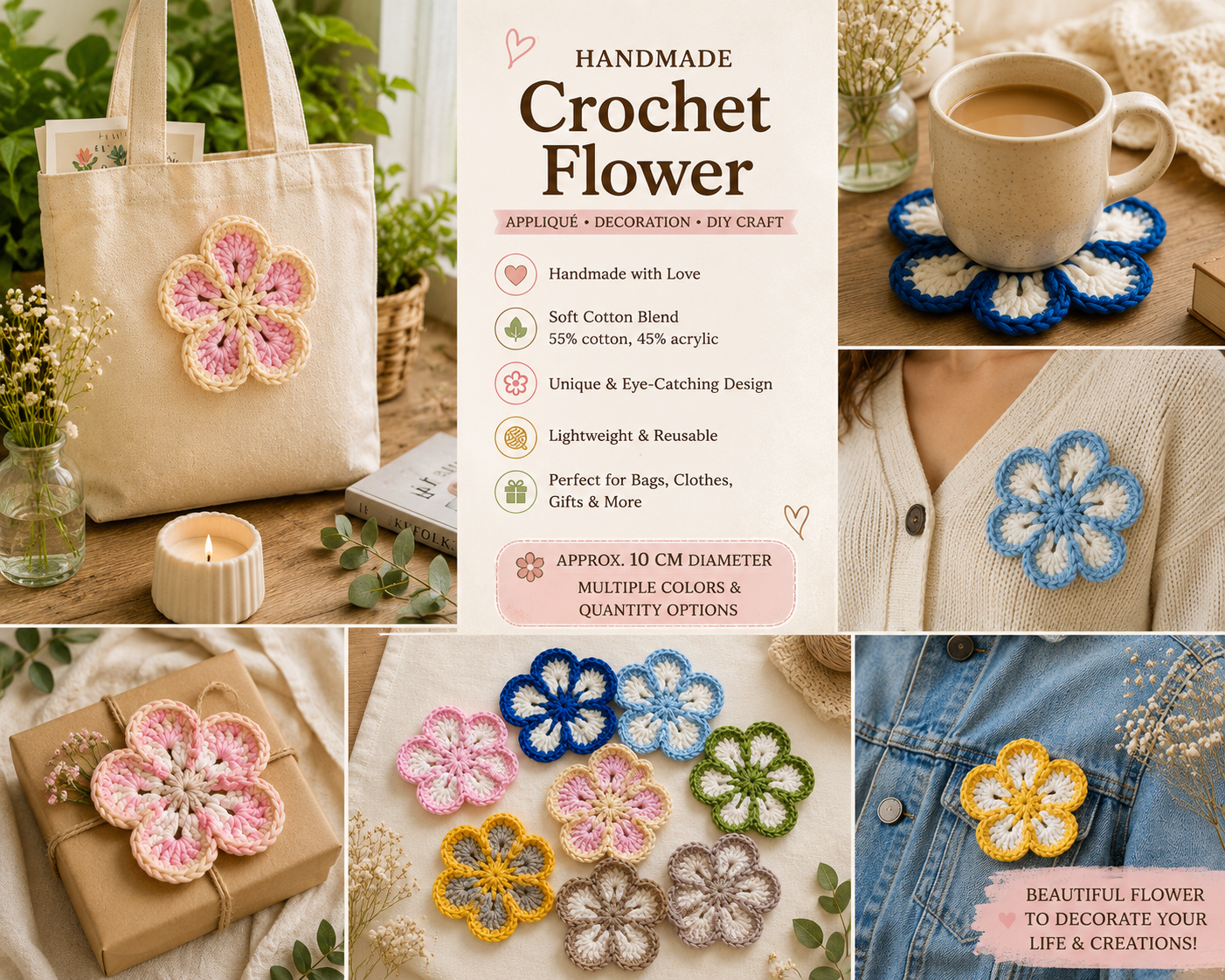 Sky Blue & White Crochet Flower Applique – Handmade Floral Embellishment (10cm)
