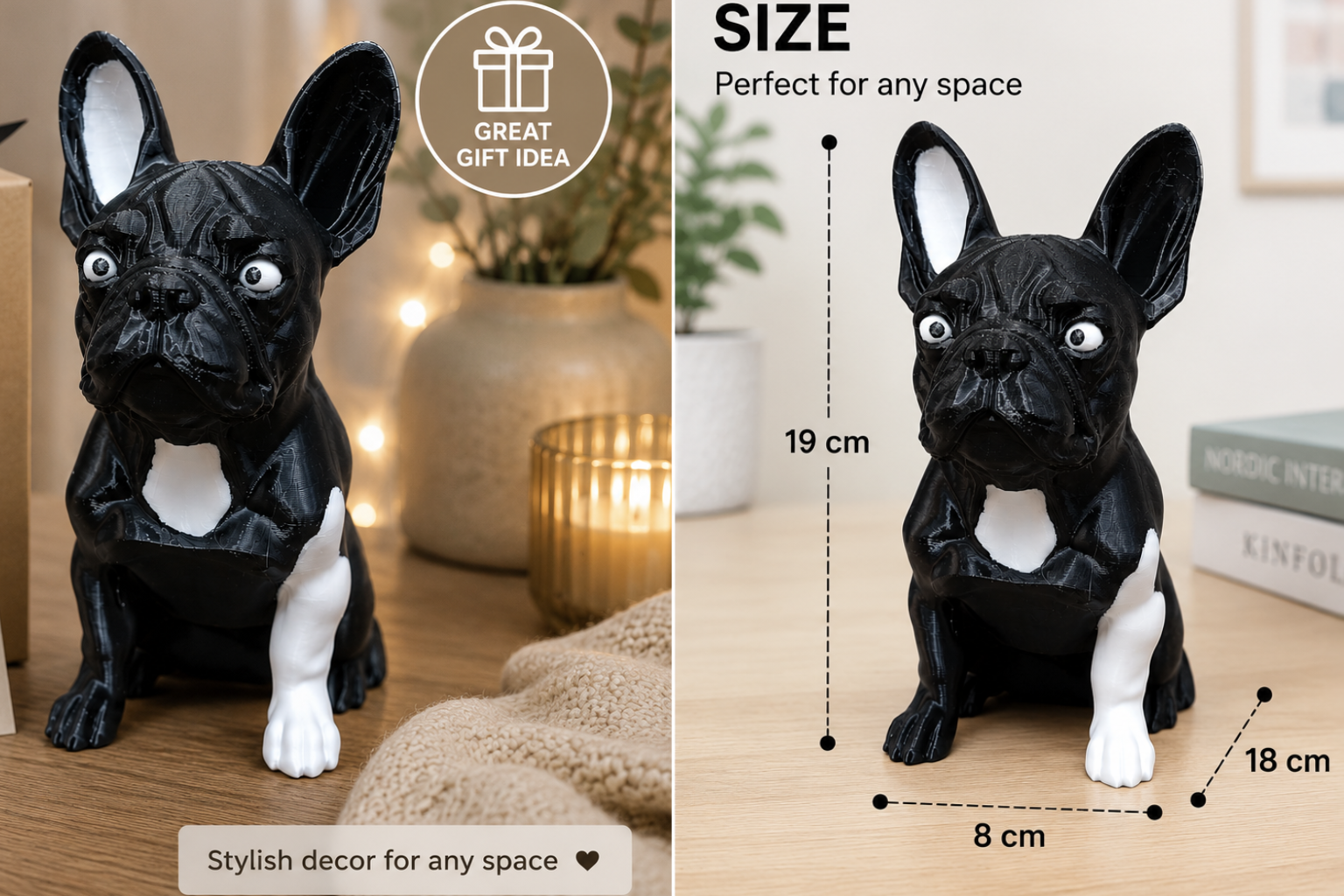 French Bulldog Decorative Figurine – Black & White 3D Printed Dog Statue – Modern Home Decor Ornament for Shelf, Desk, Living Room & Office – 19cm