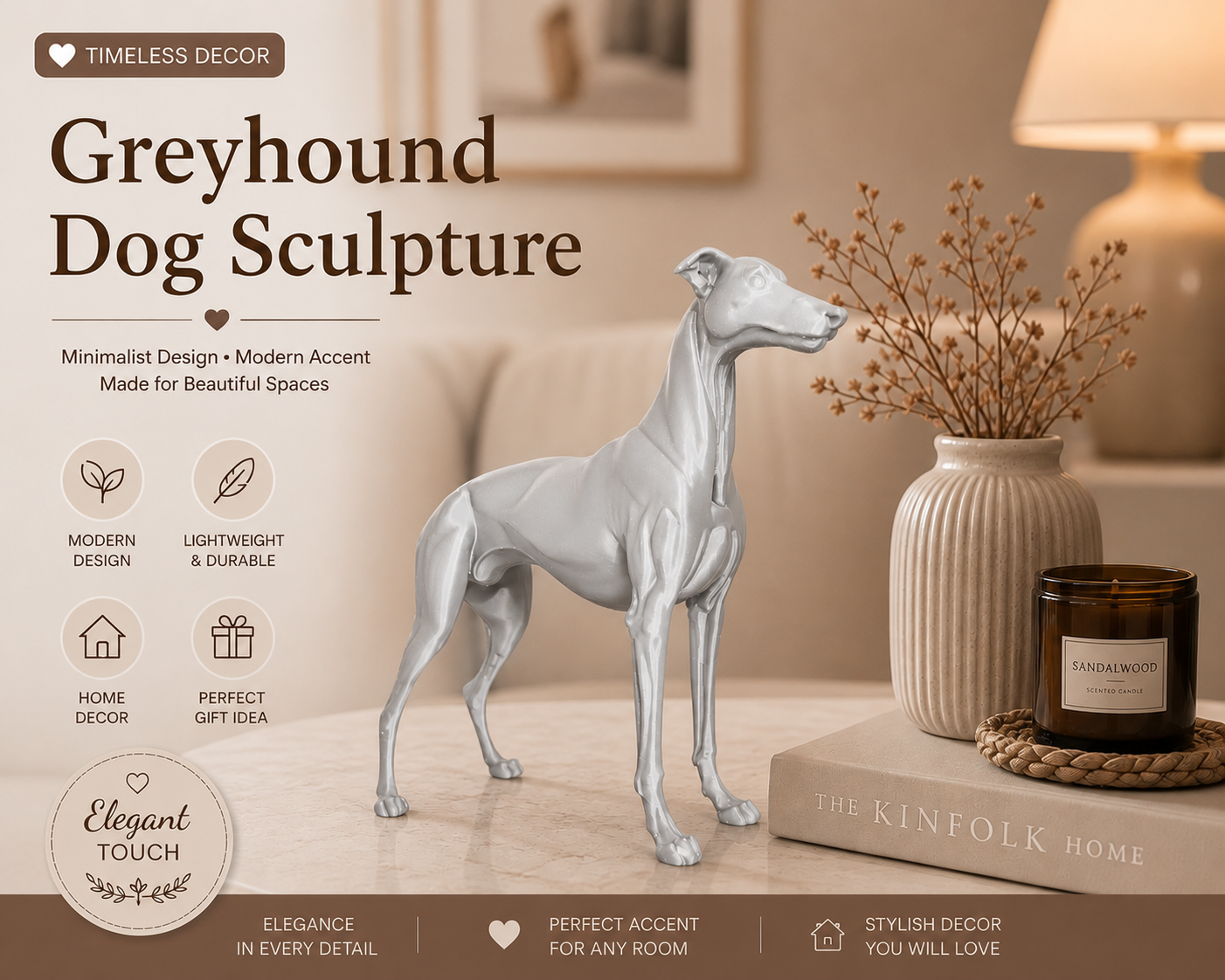 Greyhound Dog Sculpture – Luxury Minimalist Home Decor Statue, (15cm)