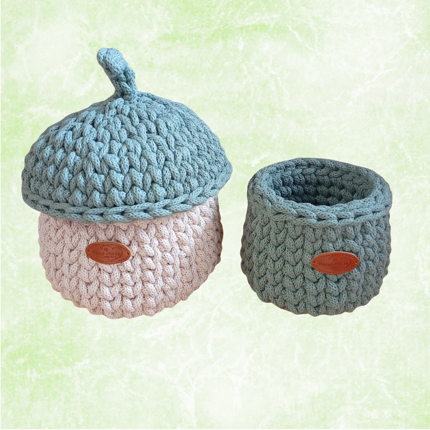 Sturdy Cotton Rope Basket with Lid, Handmade Crochet Acorn Storage Organizer