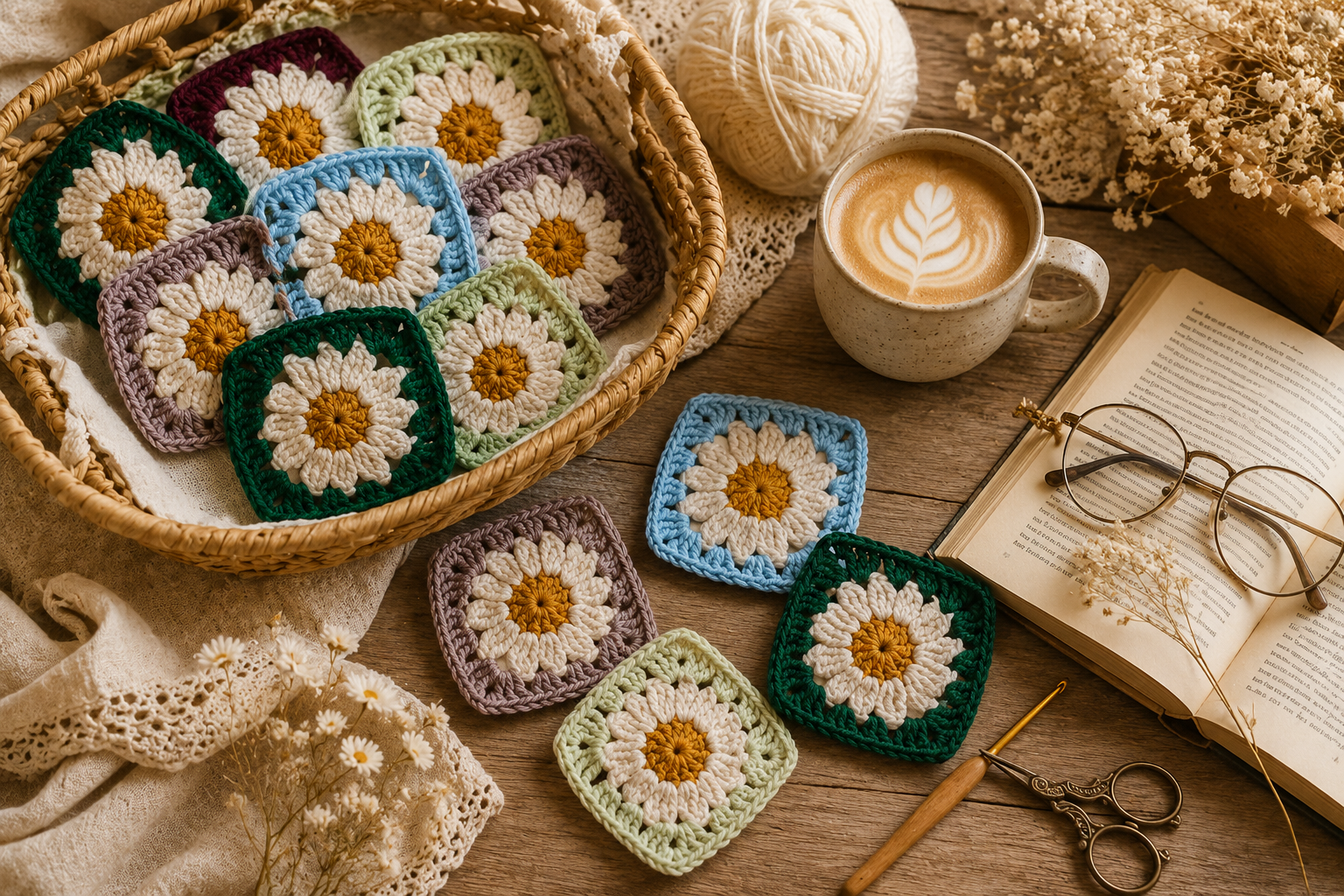 10PCS Handmade Crochet Daisy Granny Squares 8x8cm – Assorted Random Colors Floral Motifs, Cotton Blend Appliques for Bags, DIY Crafts