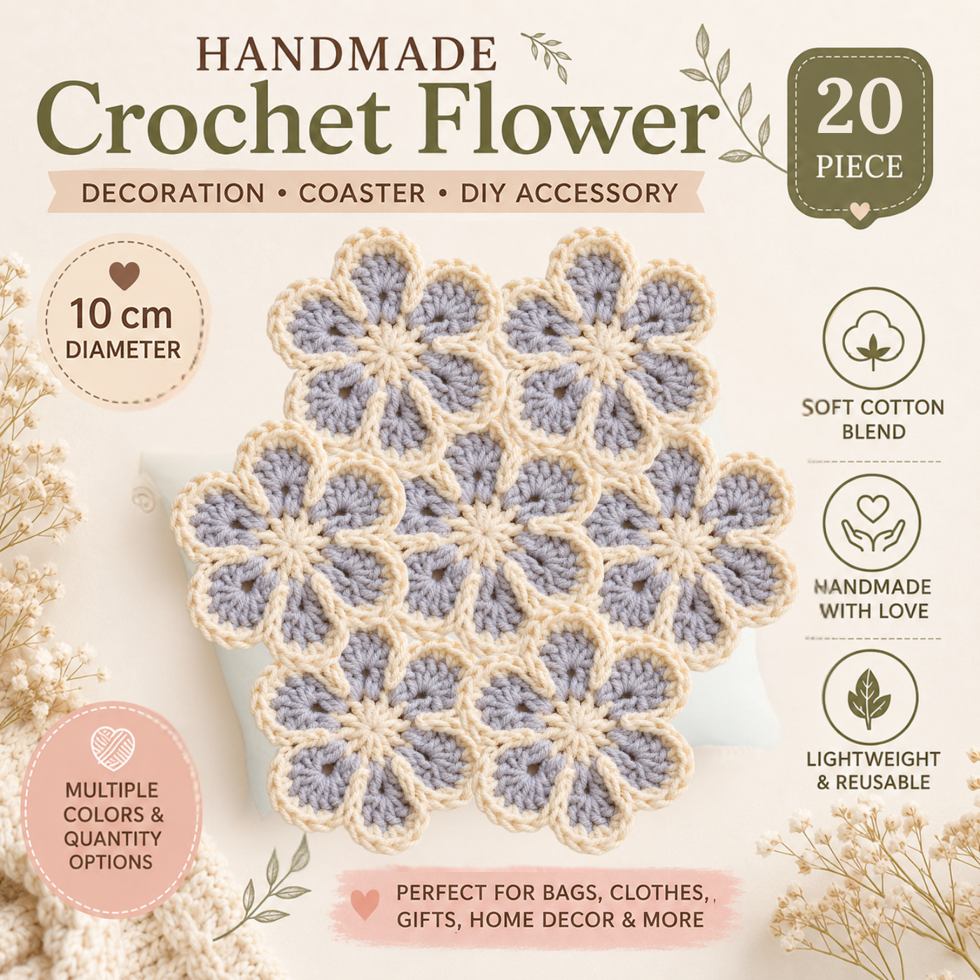 Crochet Flower Appliques – Handmade Cotton Floral Embellishments for Coasters, Bags, Clothing & DIY Crafts (2-20 Pieces)