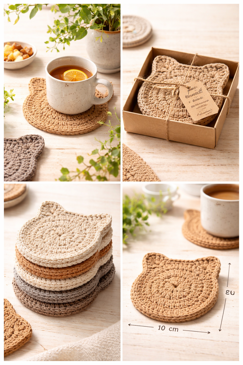 Handmade Crochet Cat Coasters – Set of 6