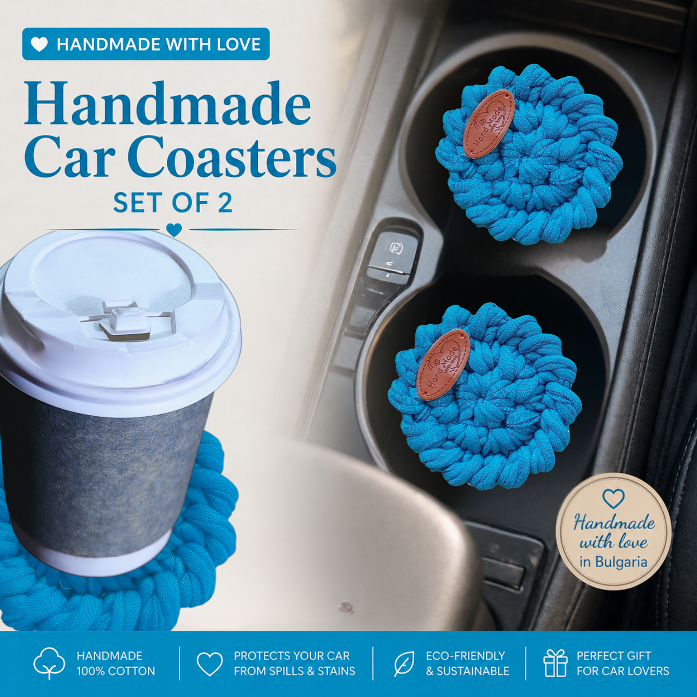 Handmade Crochet Car Coasters Set of 2 – Cotton Cup Holder Inserts 7.5cm, Absorbent Boho Car Accessories