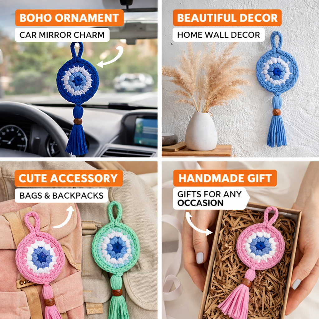 Handmade Crochet Evil Eye Hanging Ornament, Boho Wall Decor, Car Mirror Charm, Bag Accessory, Cotton Handmade Gift