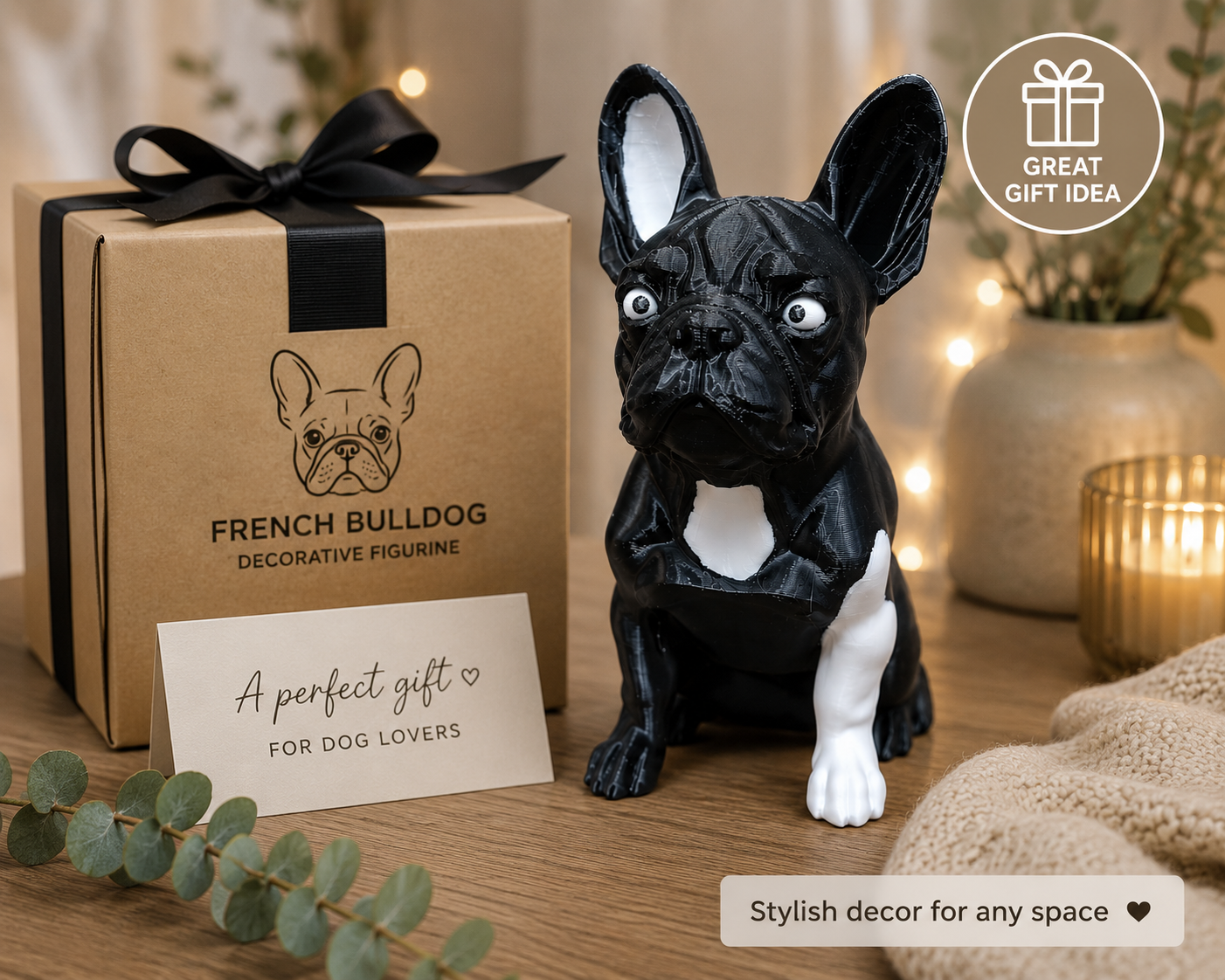 French Bulldog Decorative Figurine – Black & White 3D Printed Dog Statue – Modern Home Decor Ornament for Shelf, Desk, Living Room & Office – 19cm