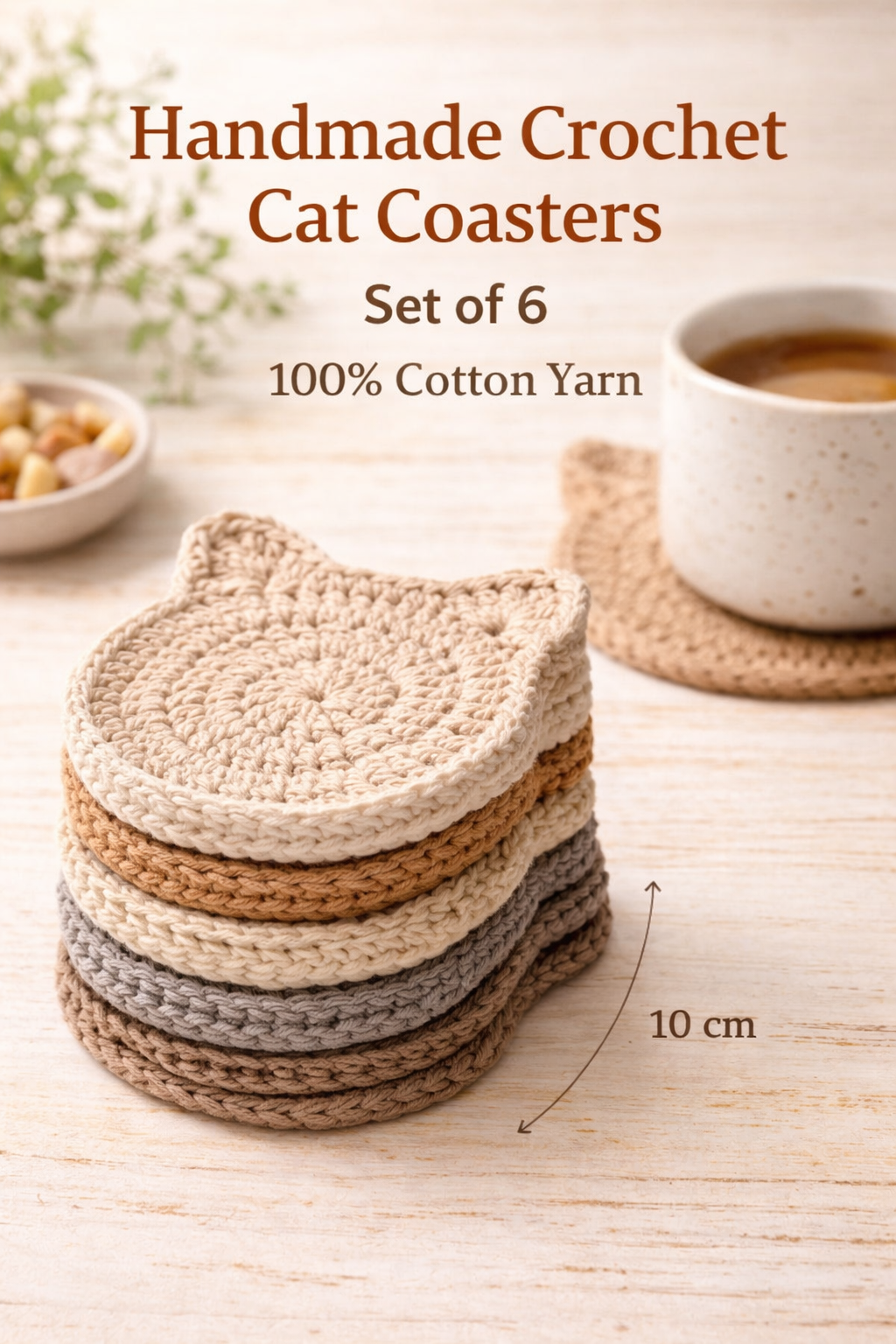 Handmade Crochet Cat Coasters – Set of 6