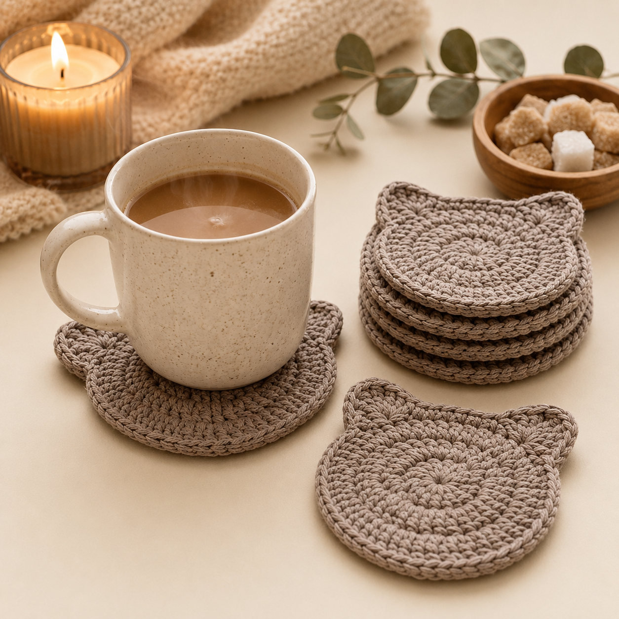 Handmade Crochet Cat Coasters – Set of 6