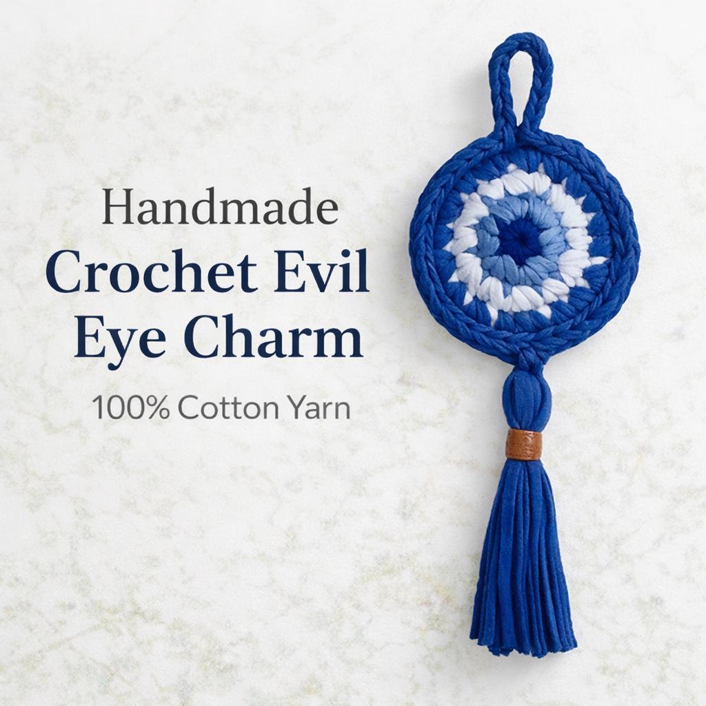 Handmade Crochet Evil Eye Hanging Ornament, Boho Wall Decor, Car Mirror Charm, Bag Accessory, Cotton Handmade Gift