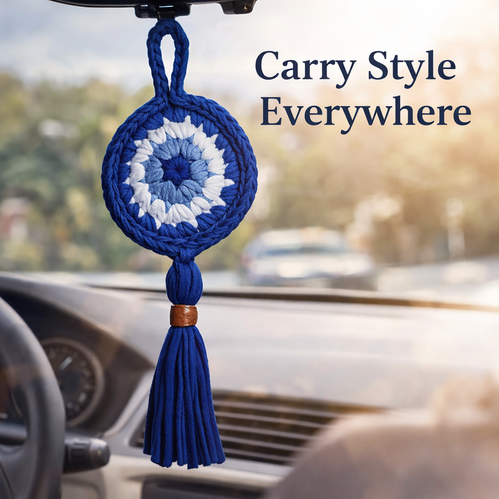 Handmade Crochet Evil Eye Hanging Ornament, Boho Wall Decor, Car Mirror Charm, Bag Accessory, Cotton Handmade Gift