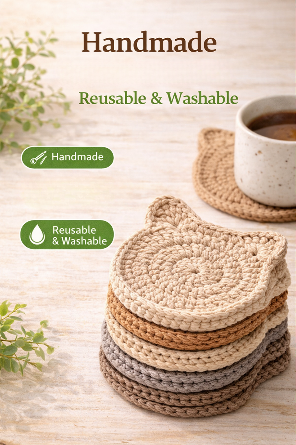 Handmade Crochet Cat Coasters – Set of 6