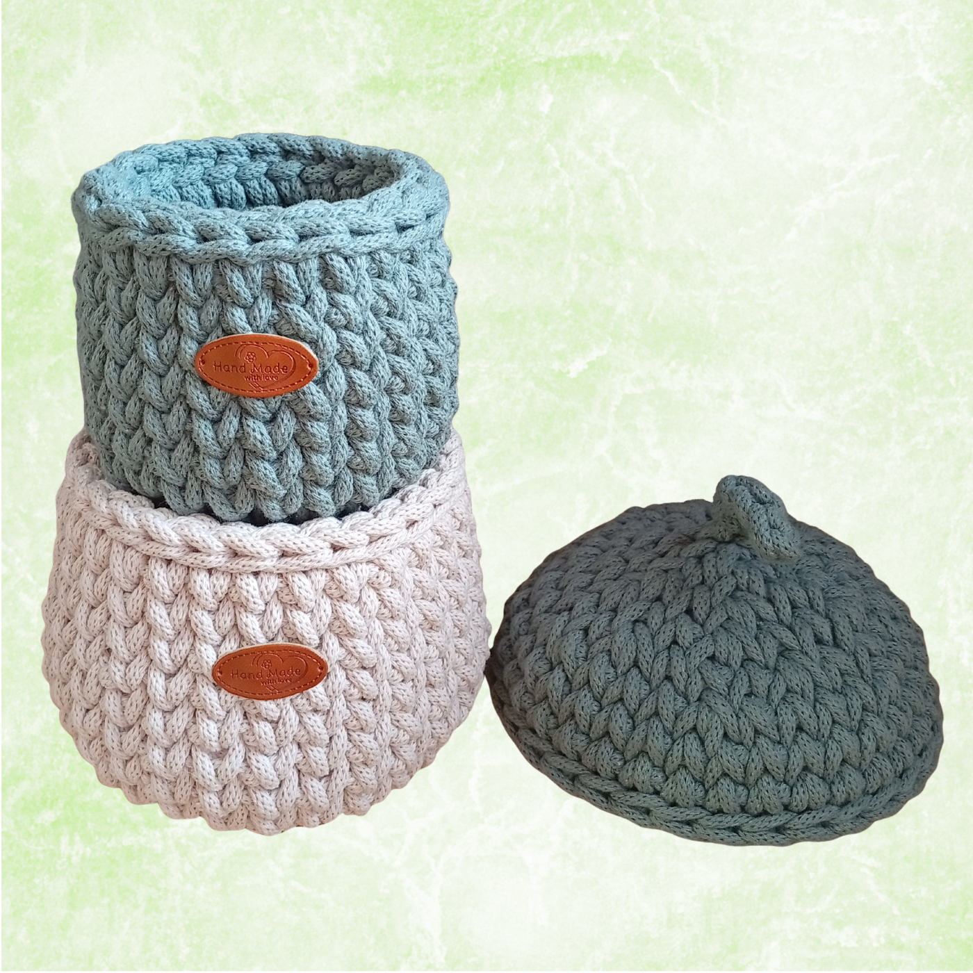 Sturdy Cotton Rope Basket with Lid, Handmade Crochet Acorn Storage Organizer