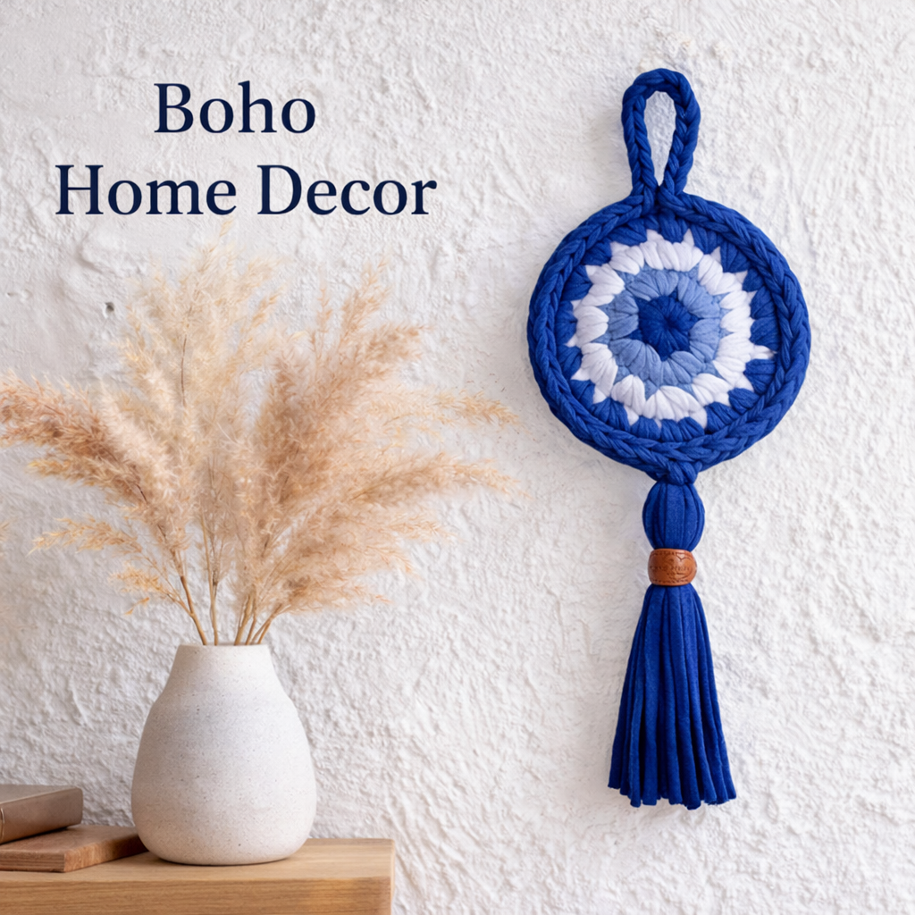 Handmade Crochet Evil Eye Hanging Ornament, Boho Wall Decor, Car Mirror Charm, Bag Accessory, Cotton Handmade Gift