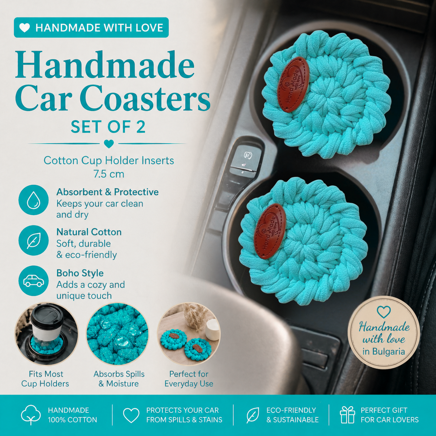 Handmade Crochet Car Coasters Set of 2 – Cotton Cup Holder Inserts 7.5cm, Absorbent Boho Car Accessories