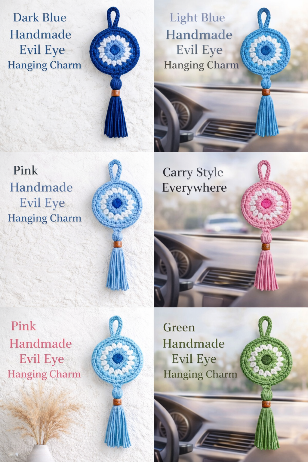 Handmade Crochet Evil Eye Hanging Ornament, Boho Wall Decor, Car Mirror Charm, Bag Accessory, Cotton Handmade Gift
