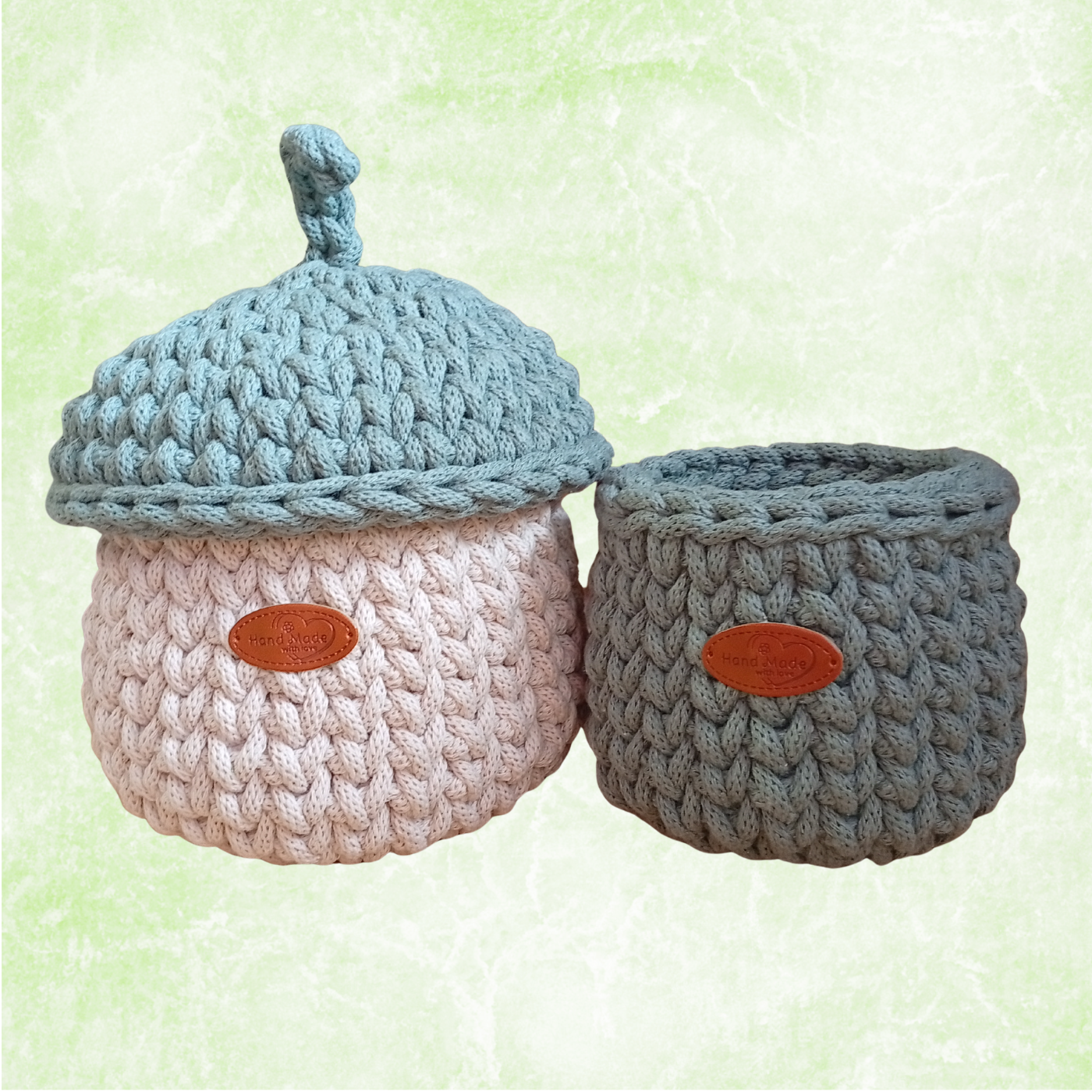 Sturdy Cotton Rope Basket with Lid, Handmade Crochet Acorn Storage Organizer