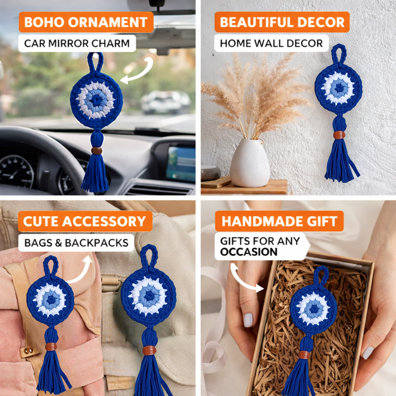 Handmade Crochet Evil Eye Hanging Ornament, Boho Wall Decor, Car Mirror Charm, Bag Accessory, Cotton Handmade Gift