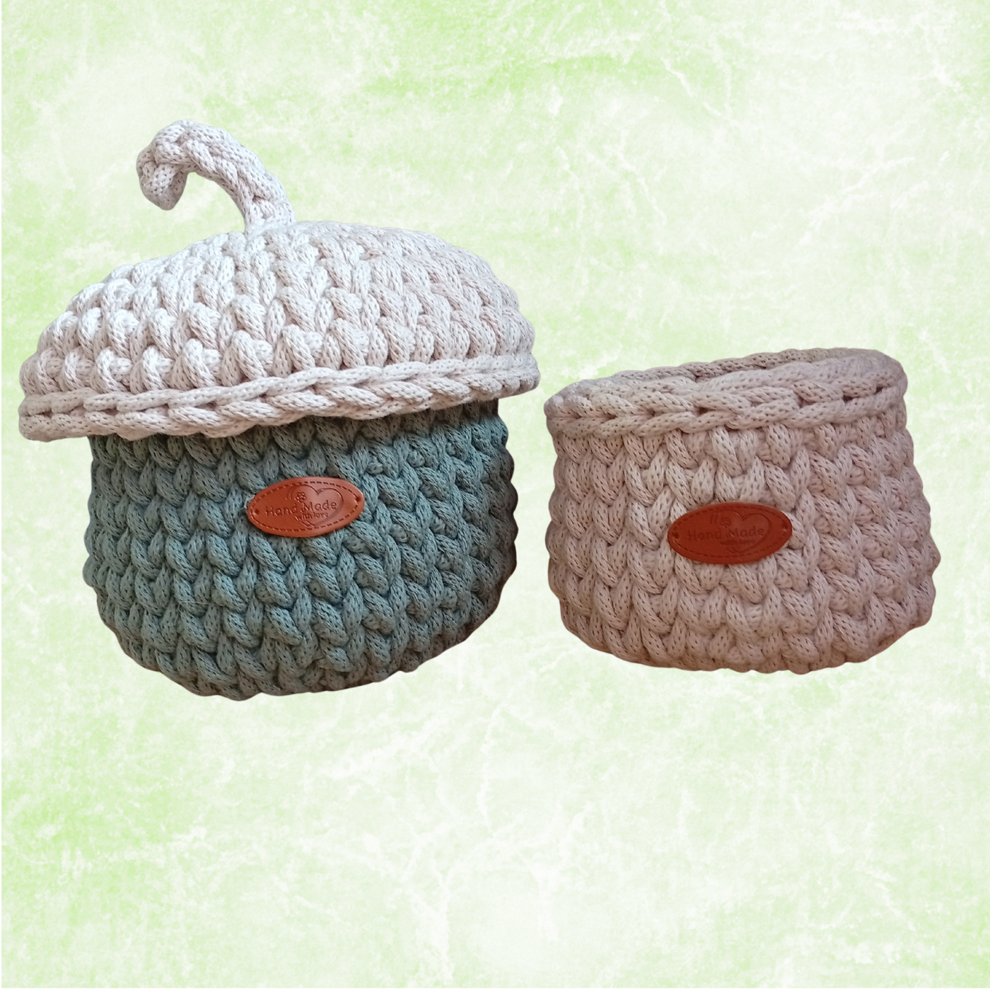 Sturdy Cotton Rope Basket with Lid, Handmade Crochet Acorn Storage Organizer