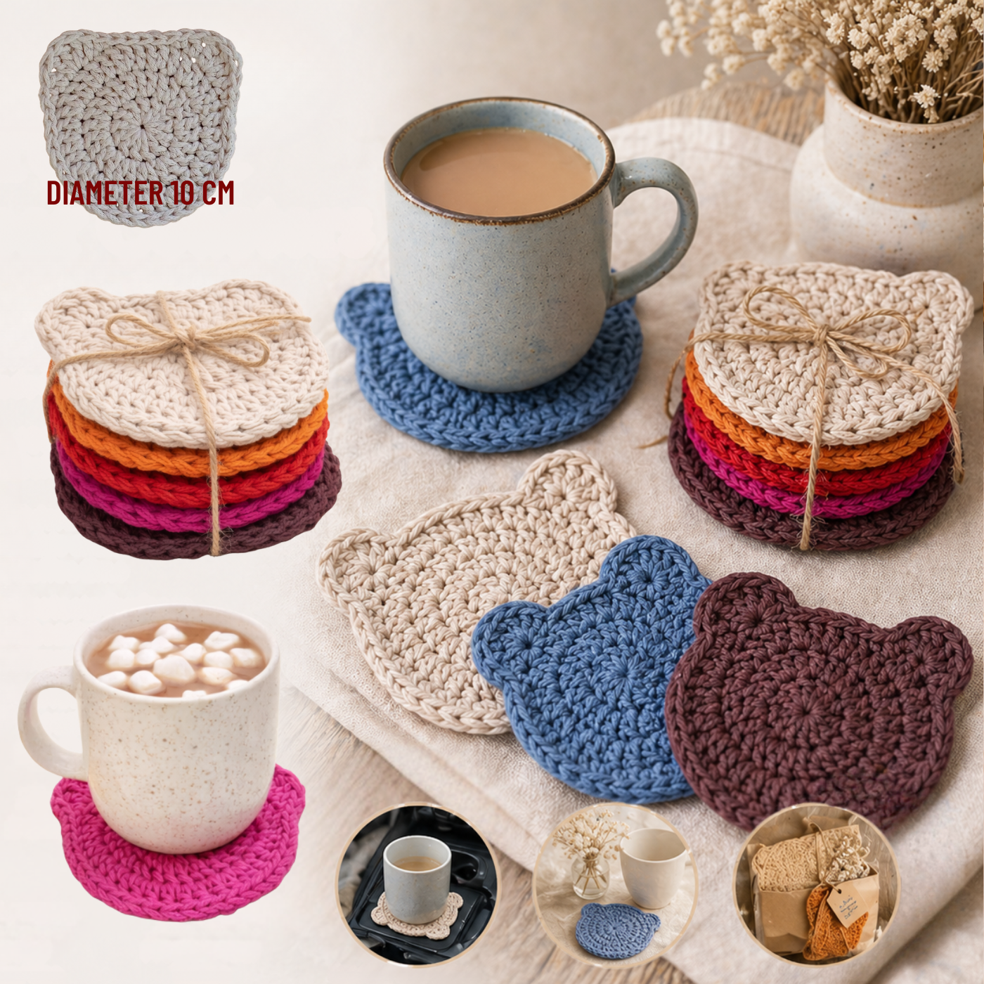 Handmade Crochet Bear Coasters – Set of 6