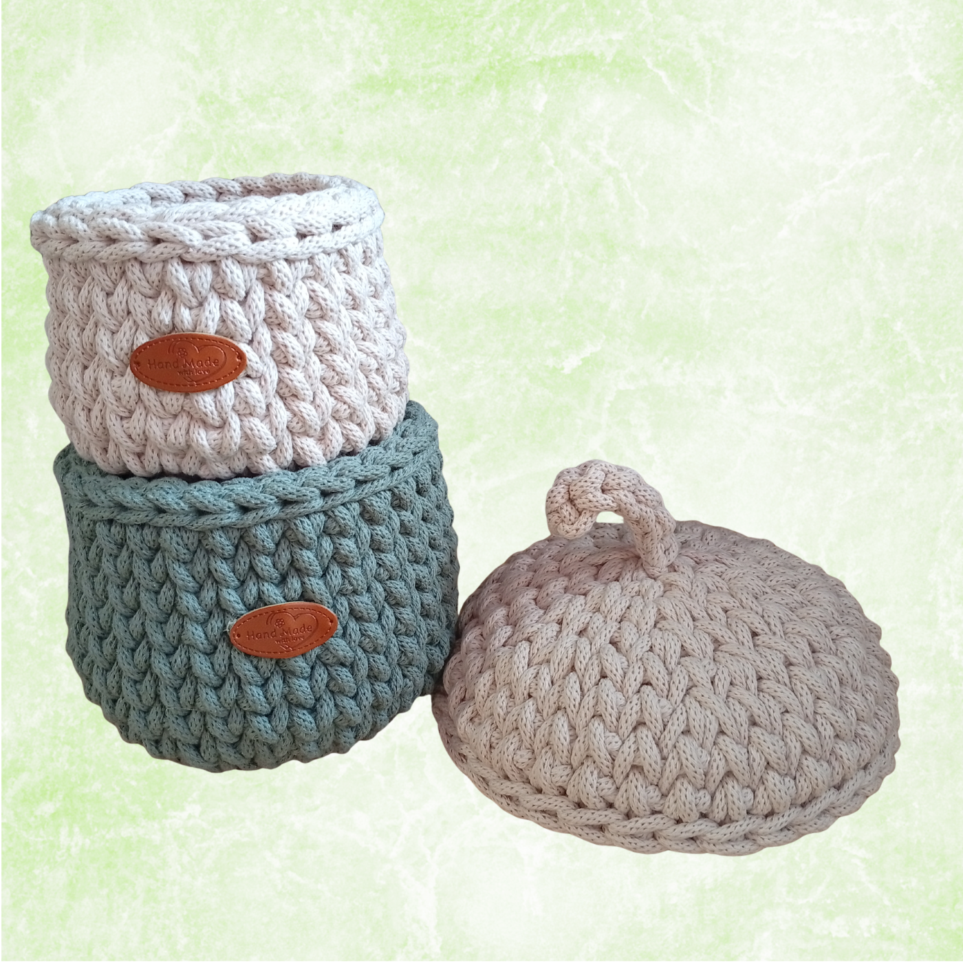 Sturdy Cotton Rope Basket with Lid, Handmade Crochet Acorn Storage Organizer