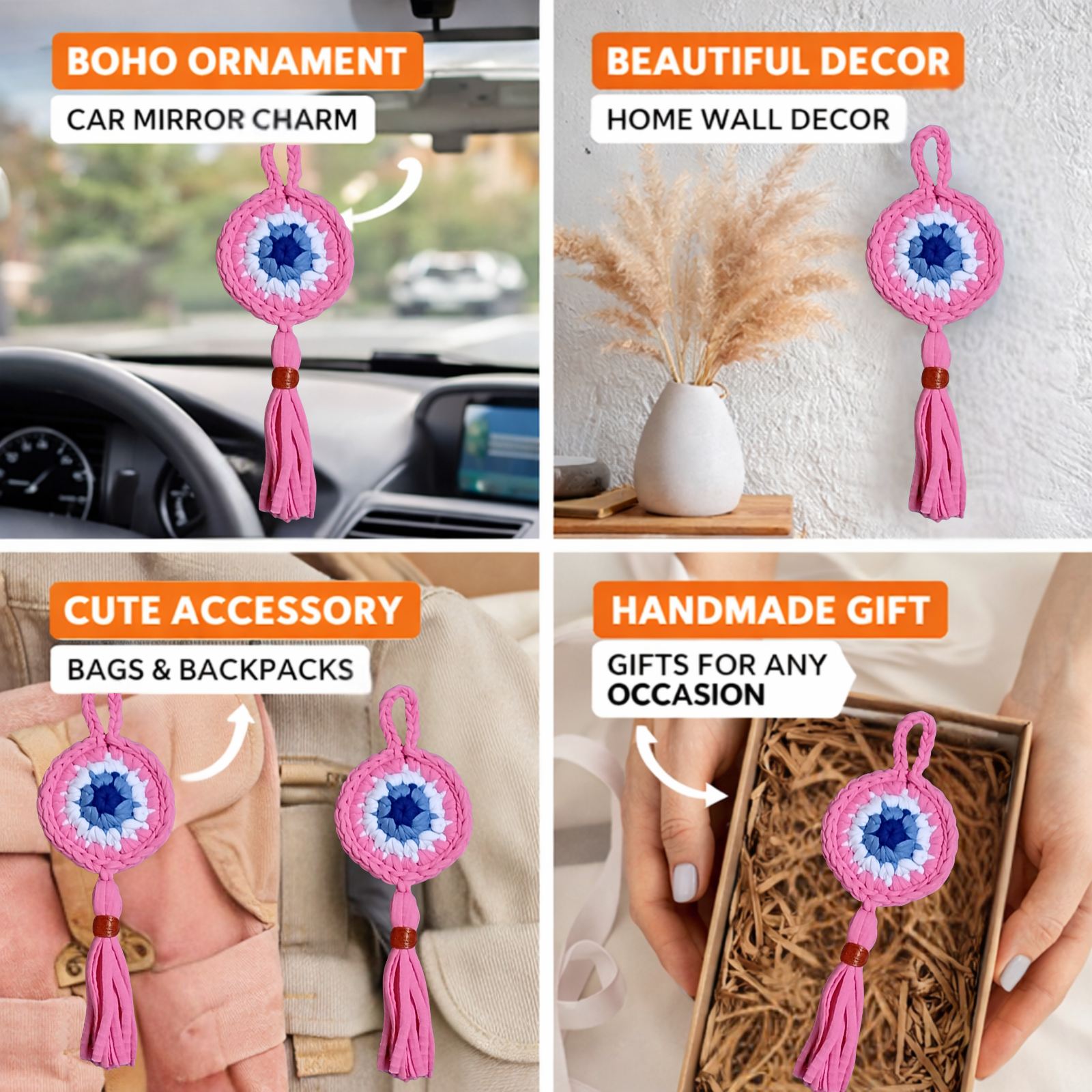 Handmade Crochet Evil Eye Hanging Ornament, Boho Wall Decor, Car Mirror Charm, Bag Accessory, Cotton Handmade Gift