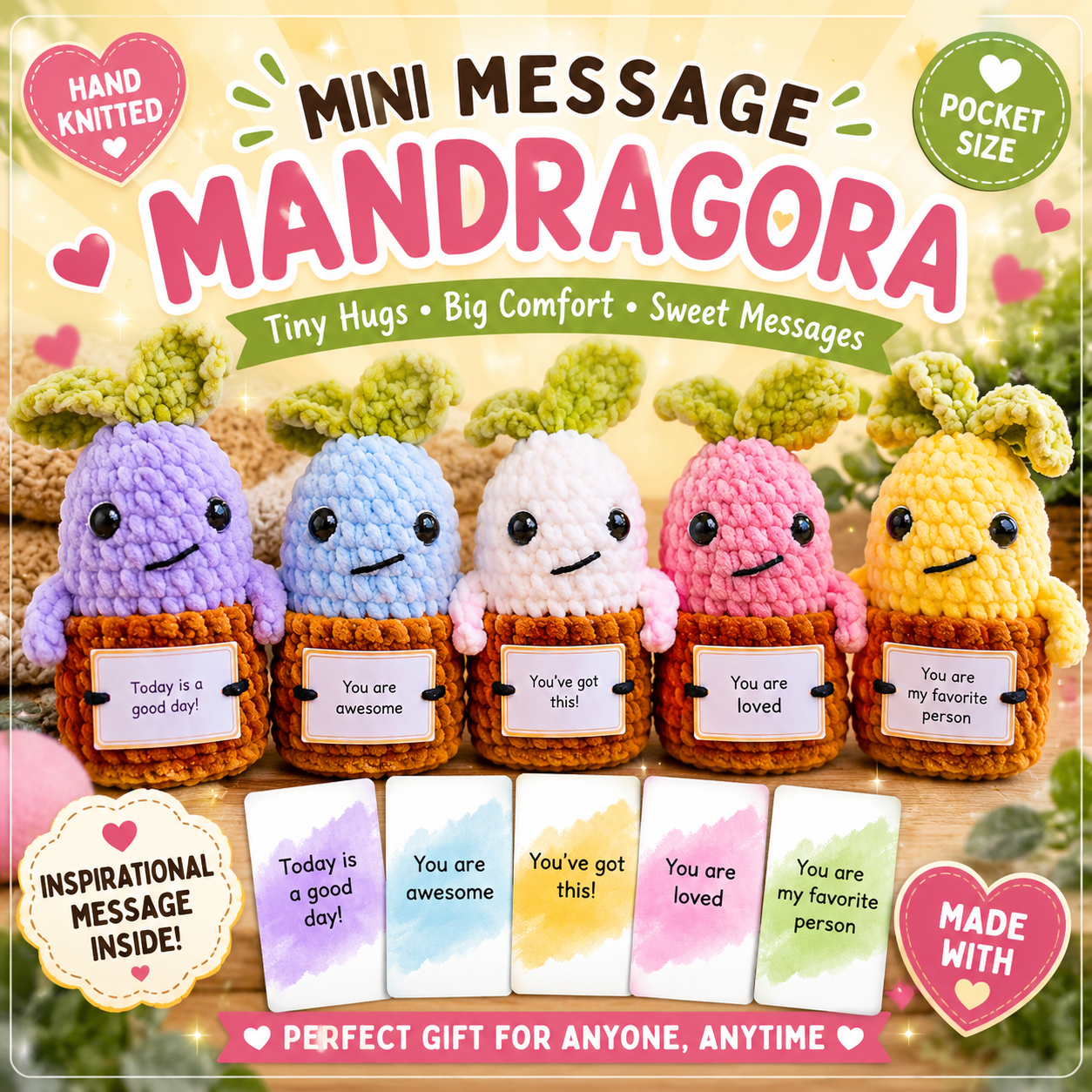 Pocket Hug Mandragora™ – Handmade Emotional Support Plush with Inspirational Message Card
