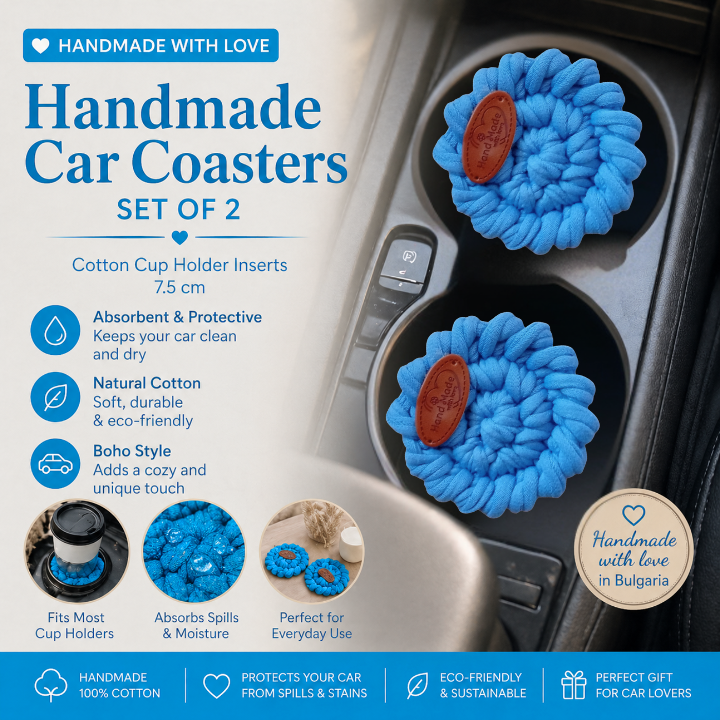 Handmade Crochet Car Coasters Set of 2 – Cotton Cup Holder Inserts 7.5cm, Absorbent Boho Car Accessories