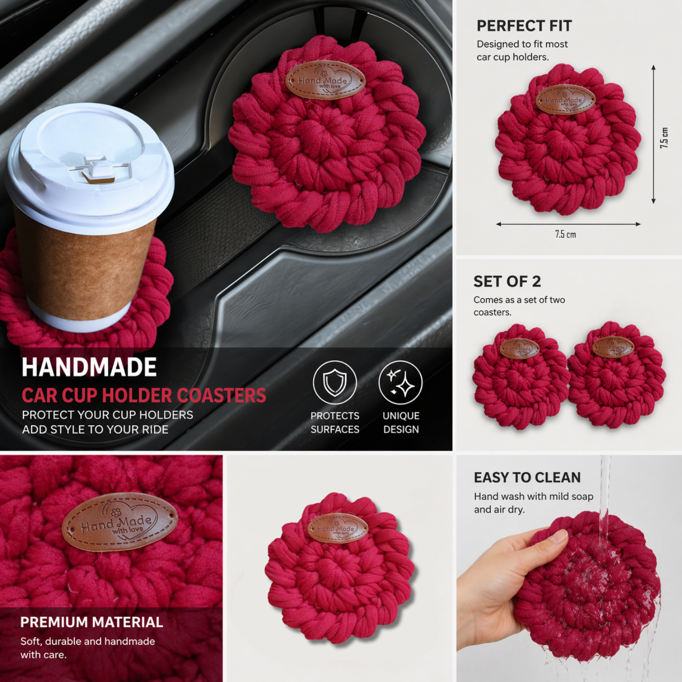 Handmade Crochet Car Coasters Set of 2 – Cotton Cup Holder Inserts 7.5cm, Absorbent Boho Car Accessories