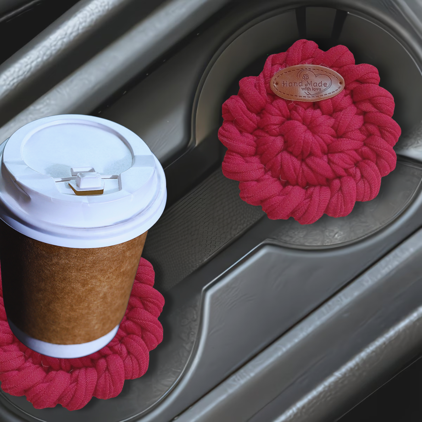 Handmade Crochet Car Coasters Set of 2 – Cotton Cup Holder Inserts 7.5cm, Absorbent Boho Car Accessories
