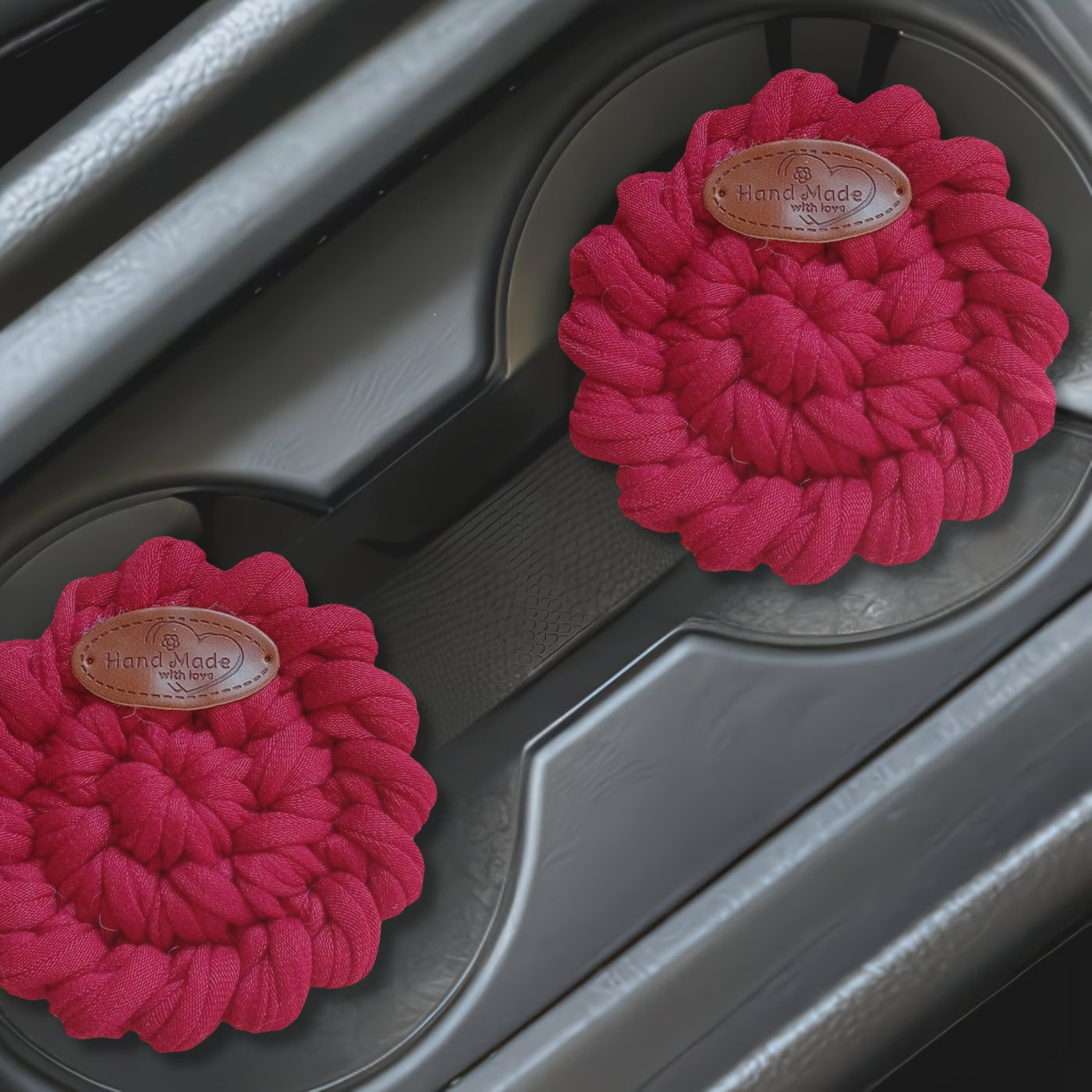 Handmade Crochet Car Coasters Set of 2 – Cotton Cup Holder Inserts 7.5cm, Absorbent Boho Car Accessories
