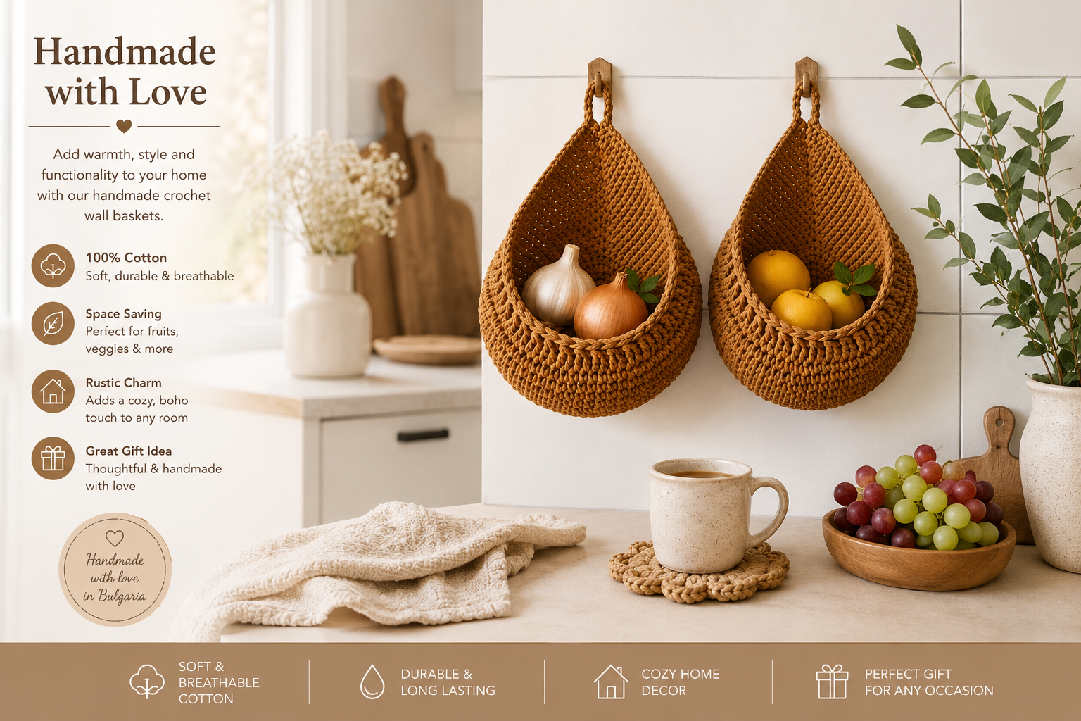 Handmade Crochet Wall Hanging Basket Set of 2 – Cotton Woven Fruit & Vegetable Storage Baskets