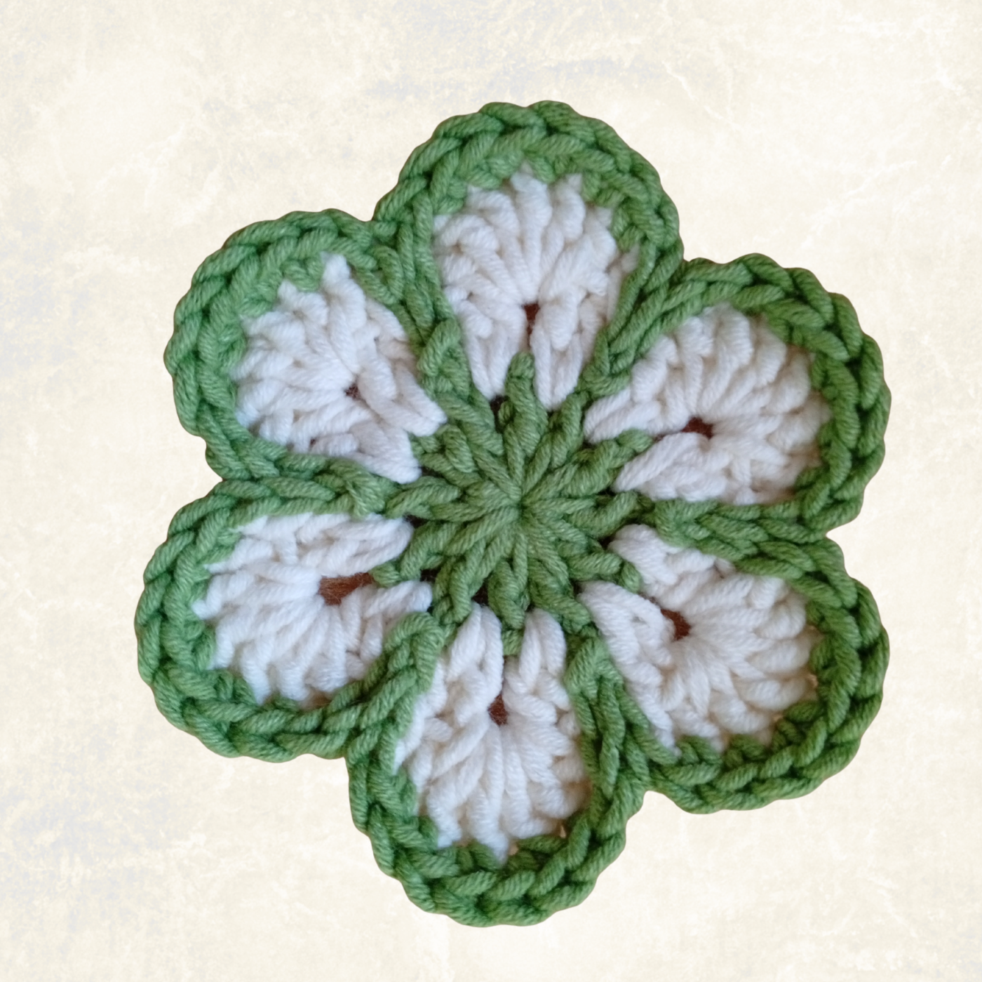 Sage Green & White Crochet Flower Applique – Handmade Floral Embellishment (10cm)
