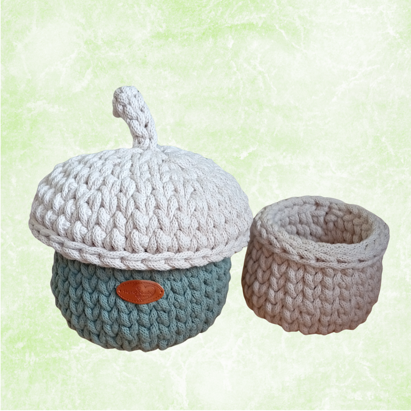 Sturdy Cotton Rope Basket with Lid, Handmade Crochet Acorn Storage Organizer